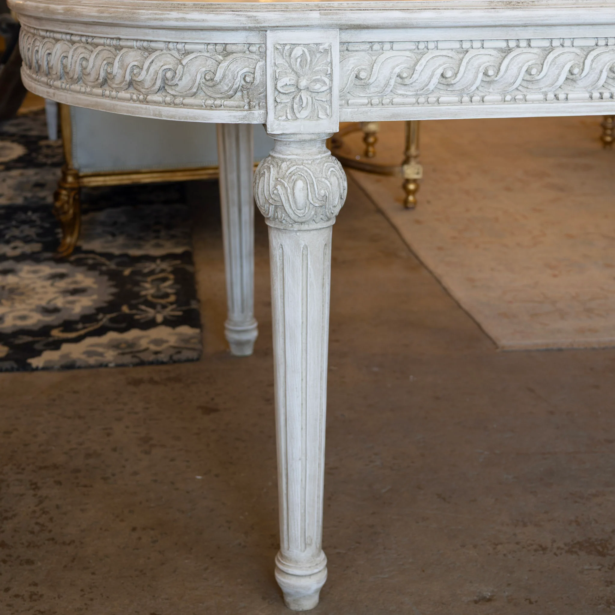 Swedish Carved Dining Table – Rope & Rosette Trim in French Grey - Image 6