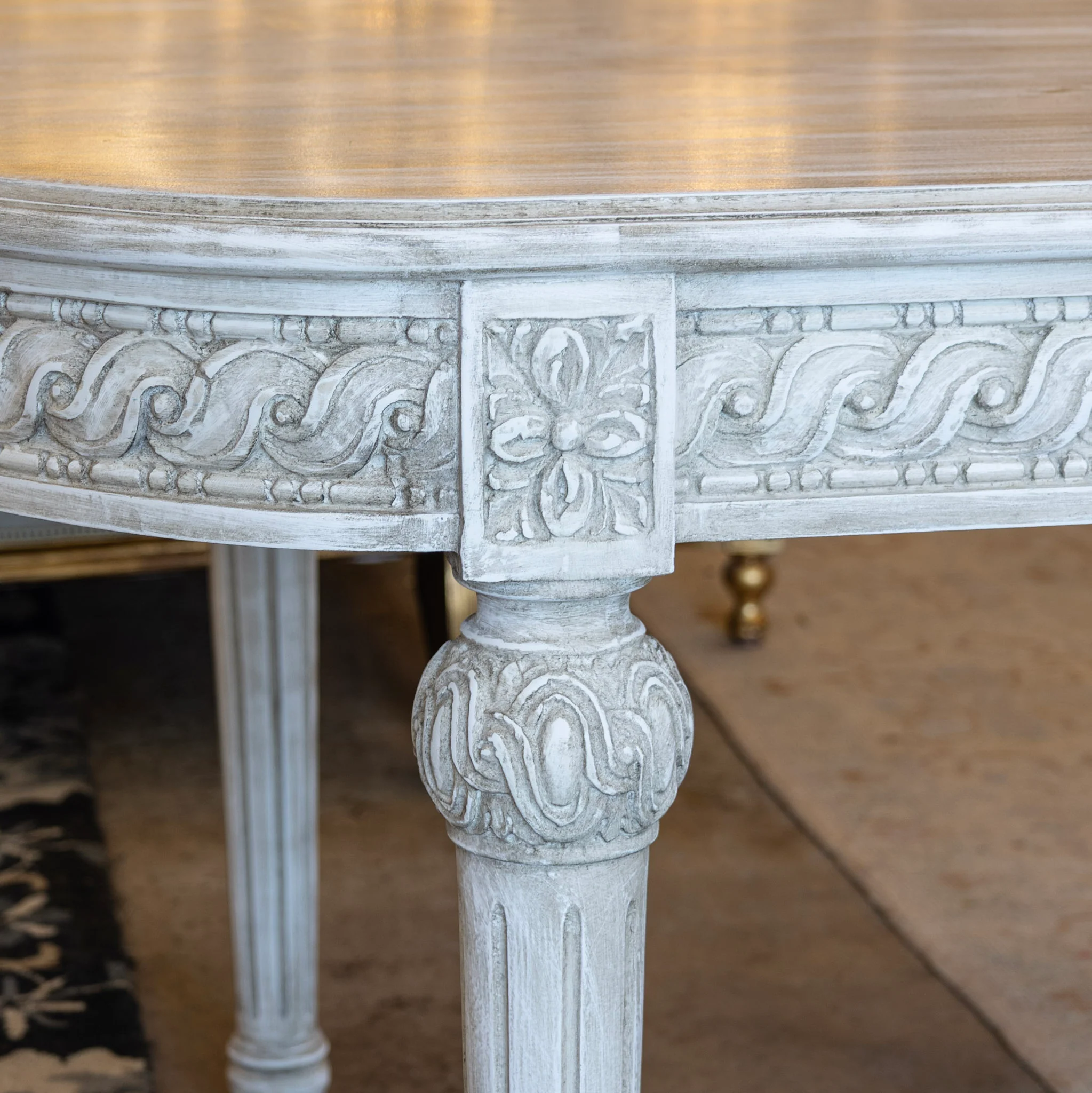 Swedish Carved Dining Table – Rope & Rosette Trim in French Grey - Image 7