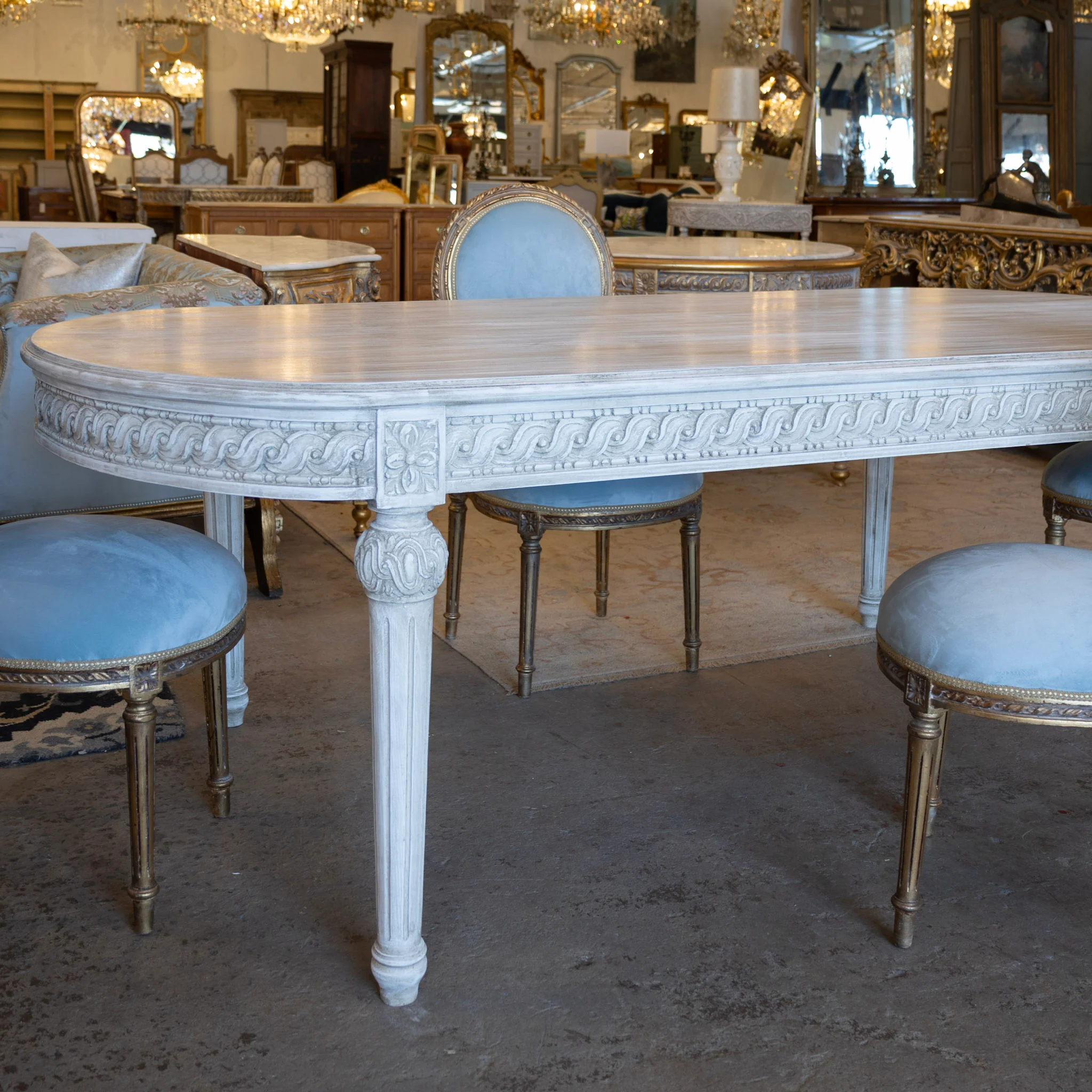 Swedish Carved Dining Table – Rope & Rosette Trim in French Grey - Image 9
