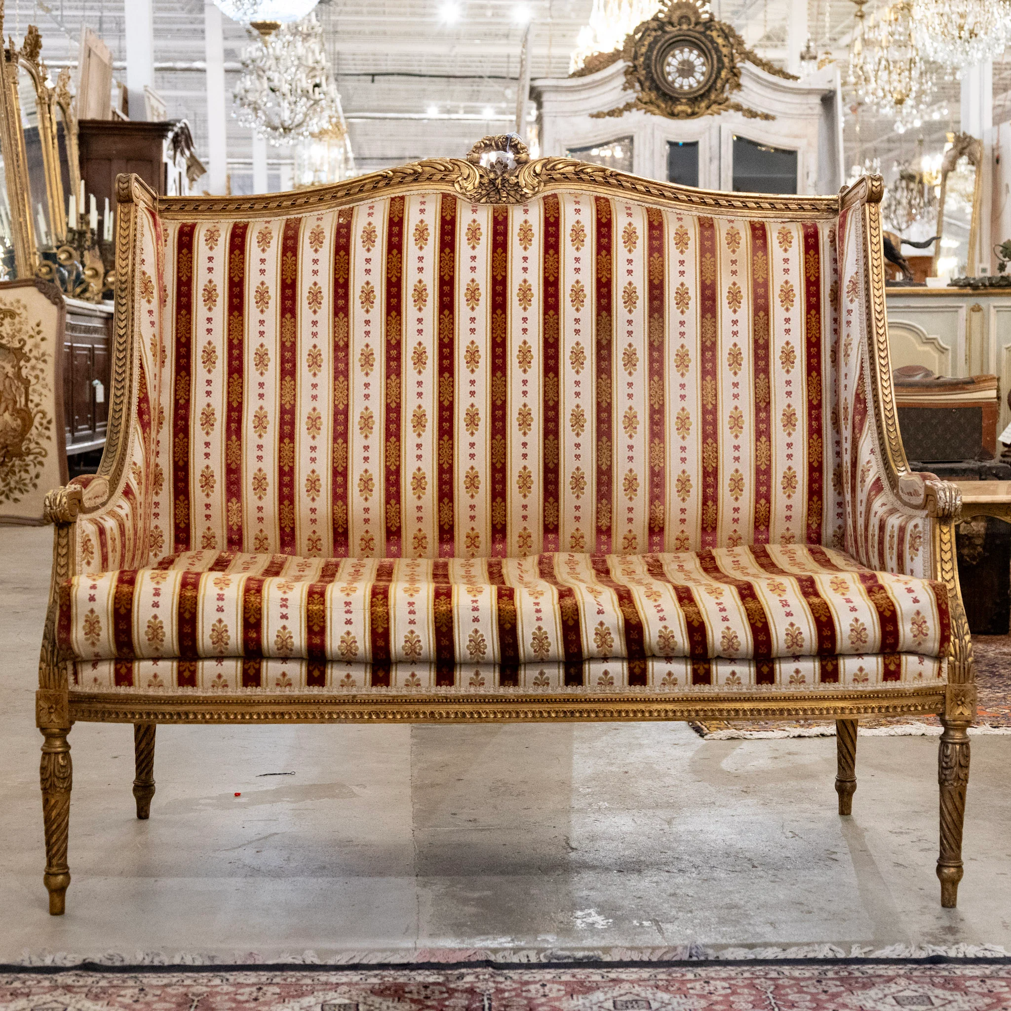 Louis XVI Carved Gilded Settee – Striped Damask Upholstery
