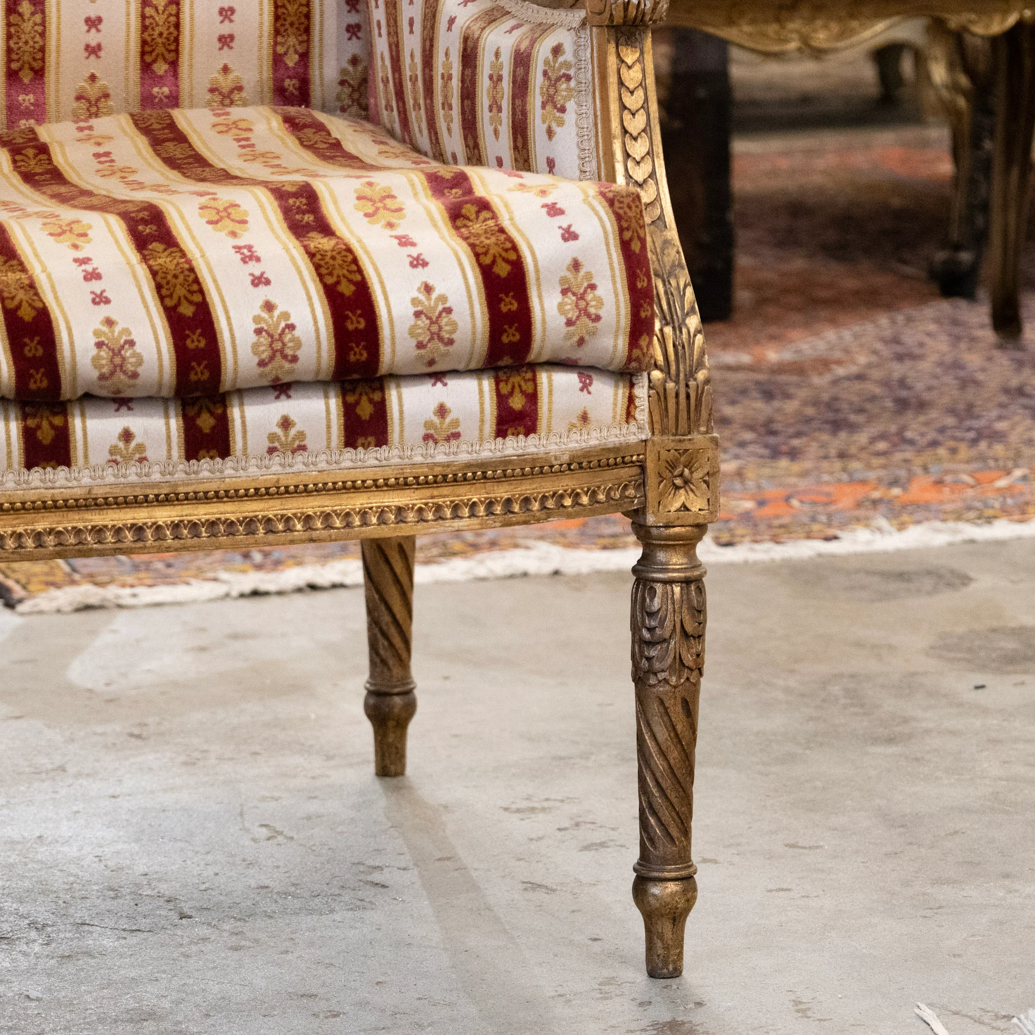 Louis XVI Carved Gilded Settee – Striped Damask Upholstery - Image 10