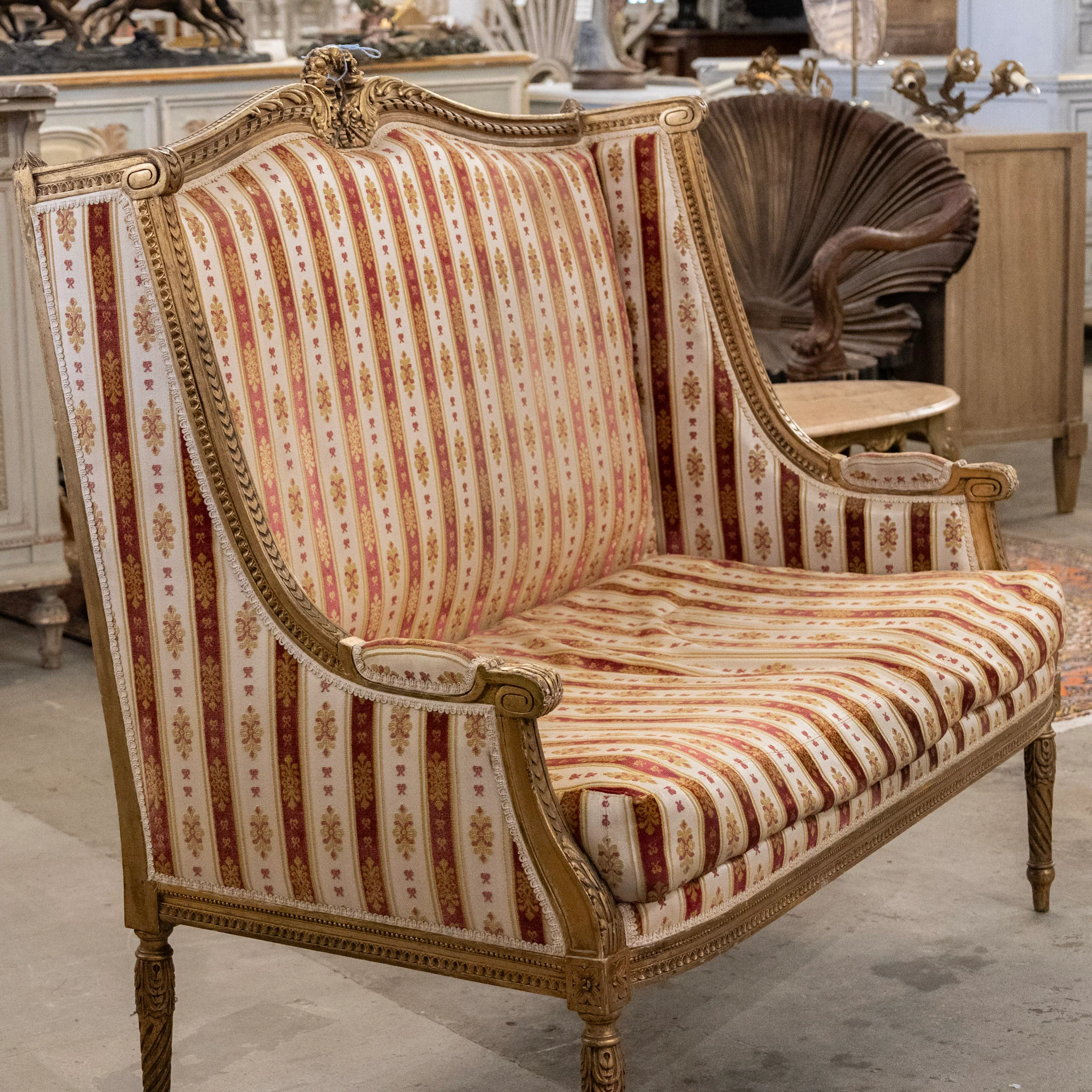 Louis XVI Carved Gilded Settee – Striped Damask Upholstery - Image 11