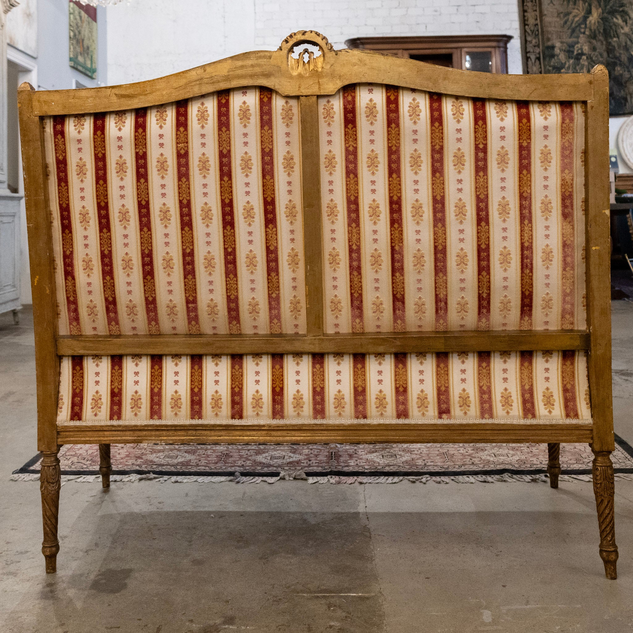 Louis XVI Carved Gilded Settee – Striped Damask Upholstery - Image 12