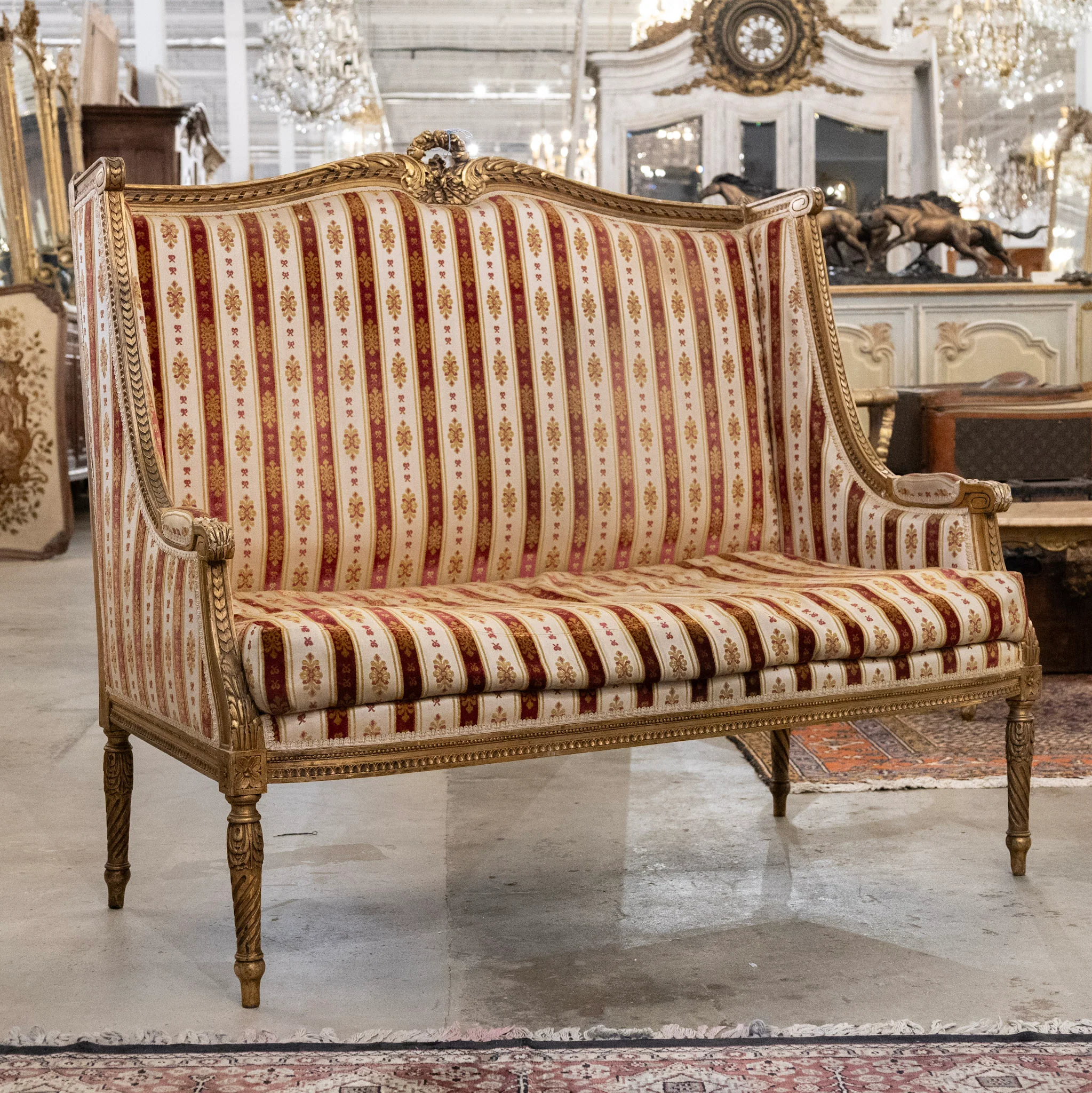 Louis XVI Carved Gilded Settee – Striped Damask Upholstery - Image 2