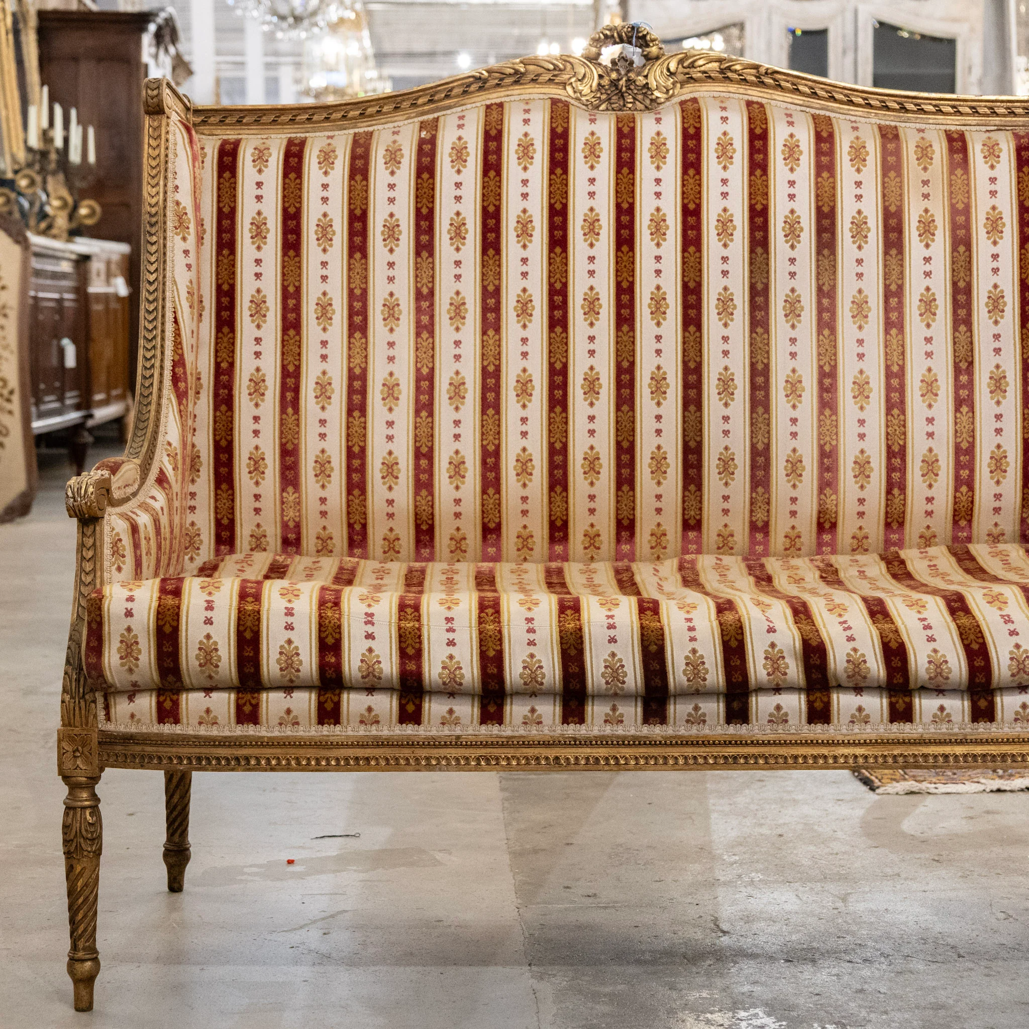 Louis XVI Carved Gilded Settee – Striped Damask Upholstery - Image 3