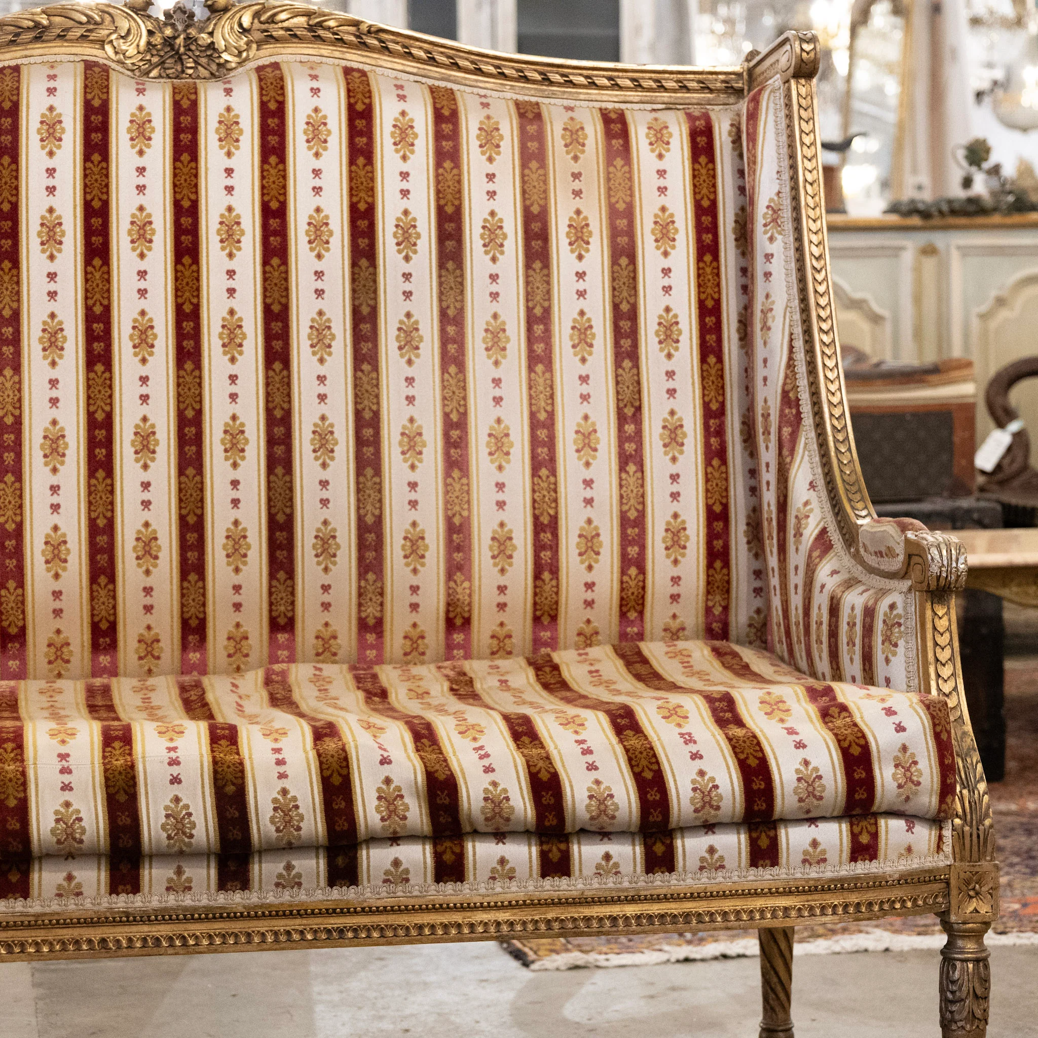Louis XVI Carved Gilded Settee – Striped Damask Upholstery - Image 5