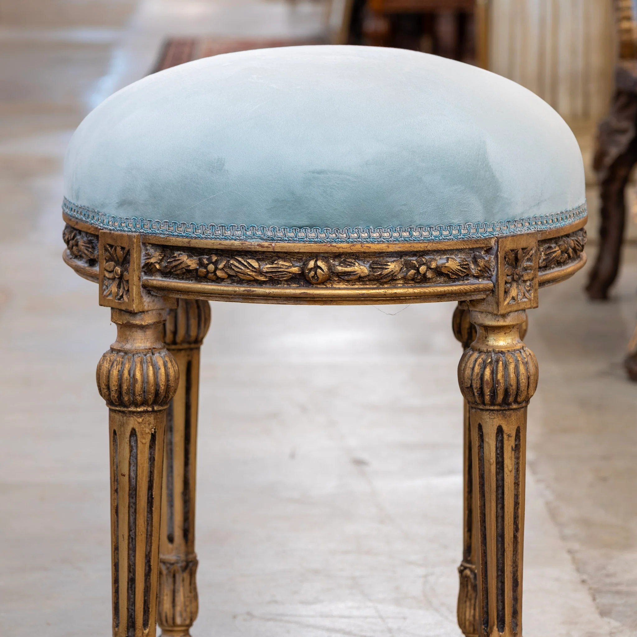 Louis XVI Carved Gold Stool – Baby Blue Velvet Upholstery & Ballerina Legs - Image 3