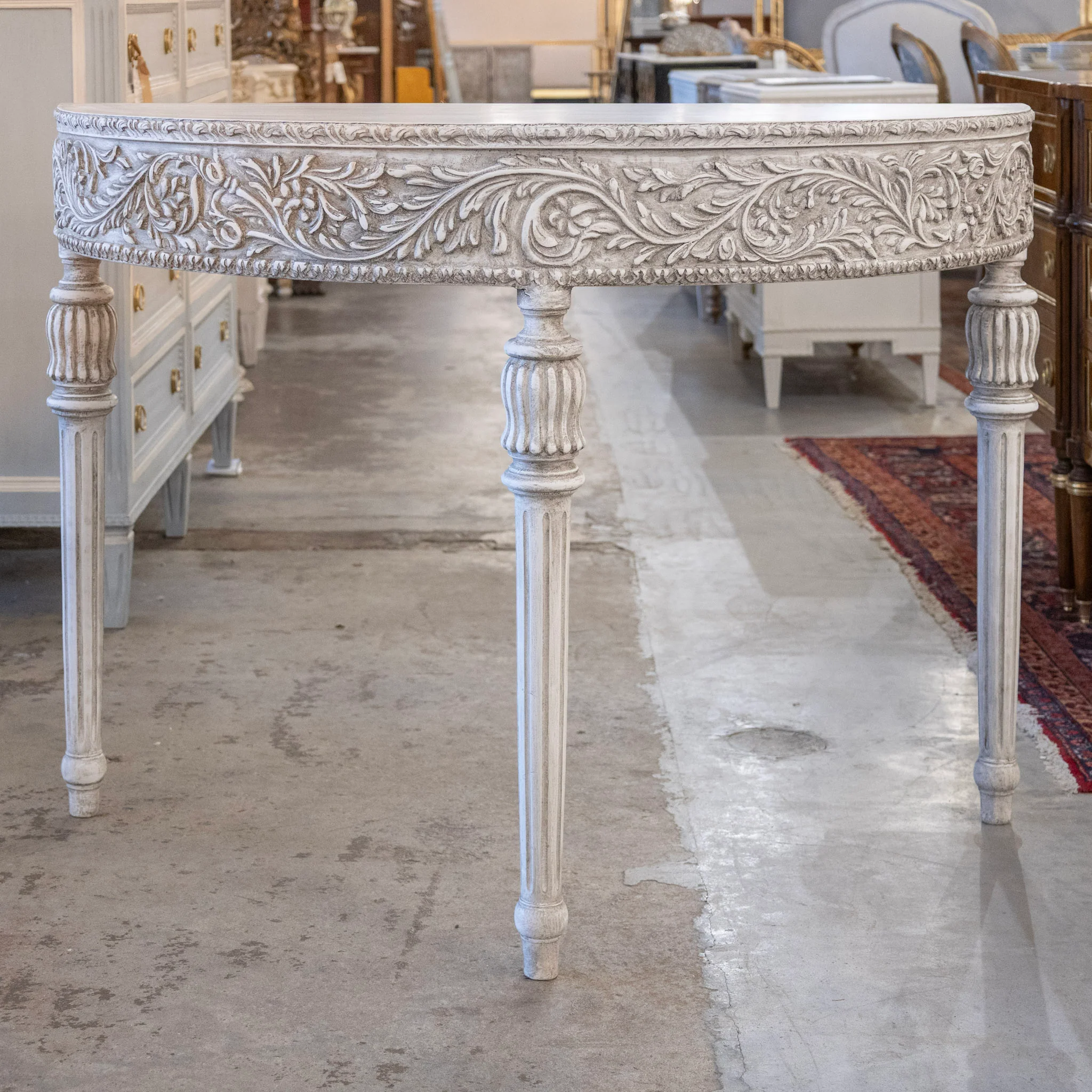Louis XVI Carved Wood Demilune Console Table - Distressed Grey Finish