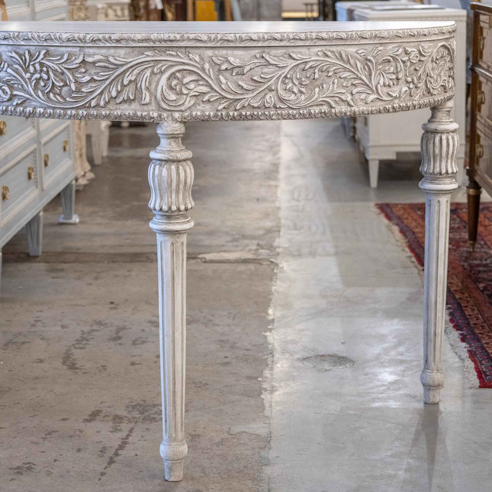 Louis XVI Carved Wood Demilune Console Table - Distressed Grey Finish - Image 2