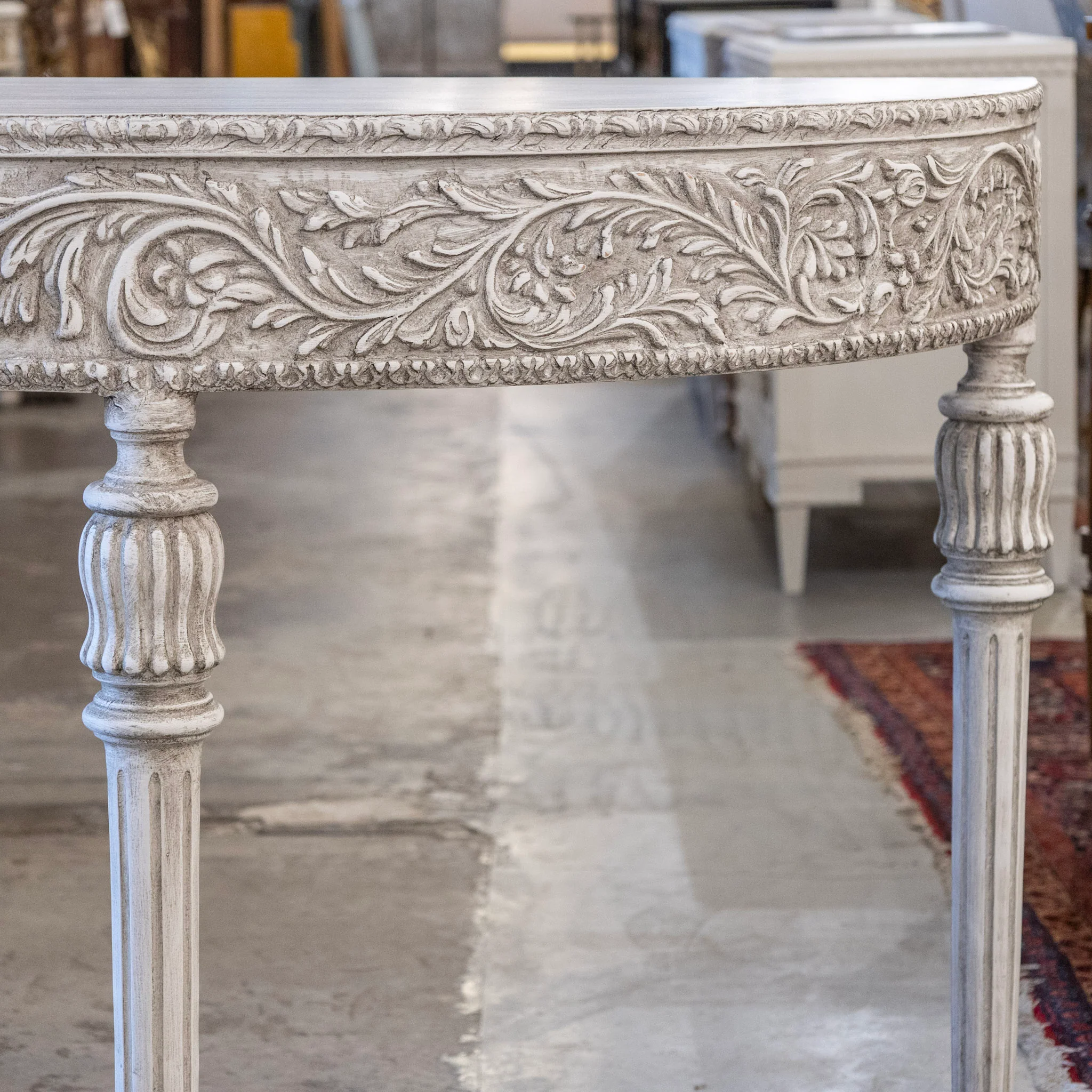 Louis XVI Carved Wood Demilune Console Table - Distressed Grey Finish - Image 3