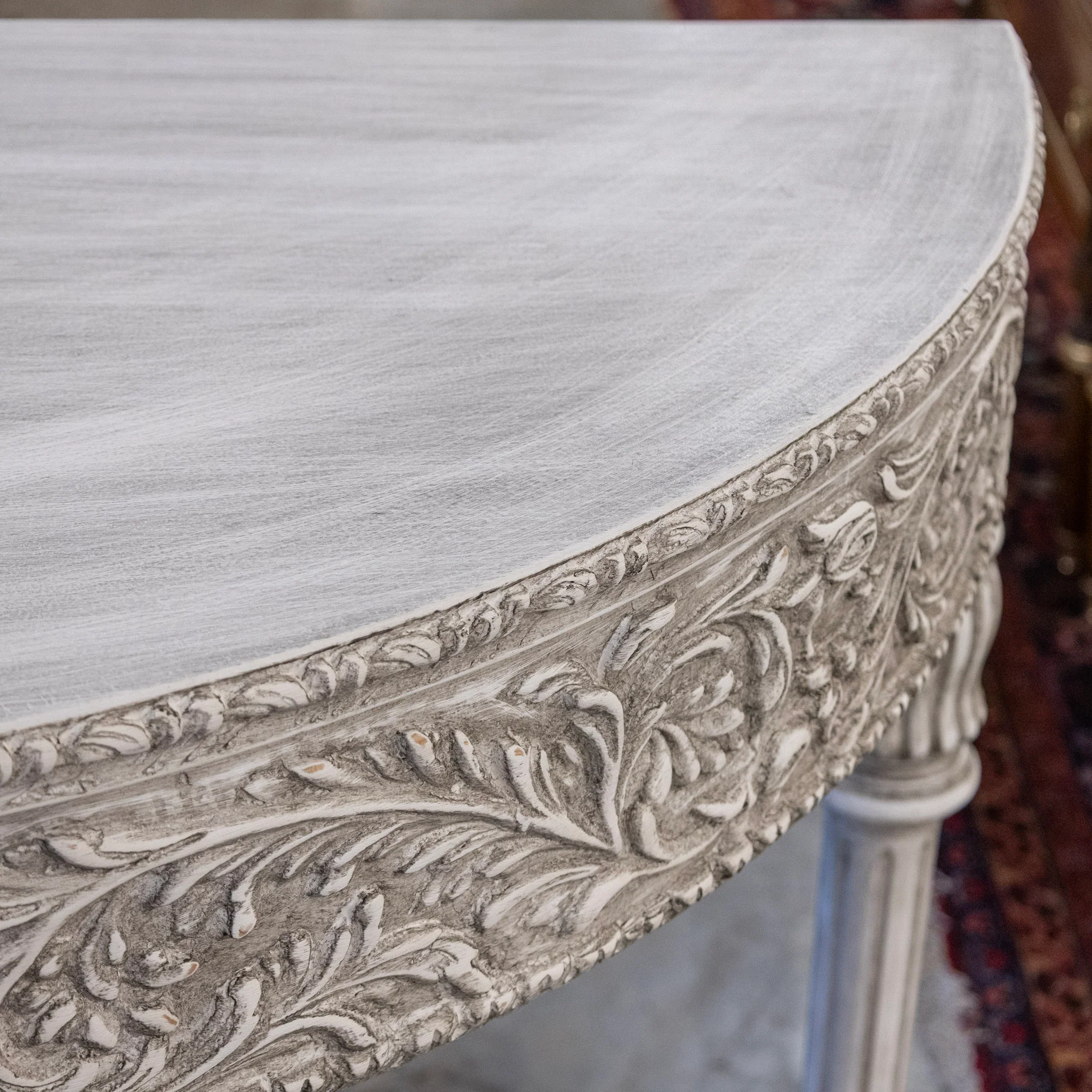 Louis XVI Carved Wood Demilune Console Table - Distressed Grey Finish - Image 4
