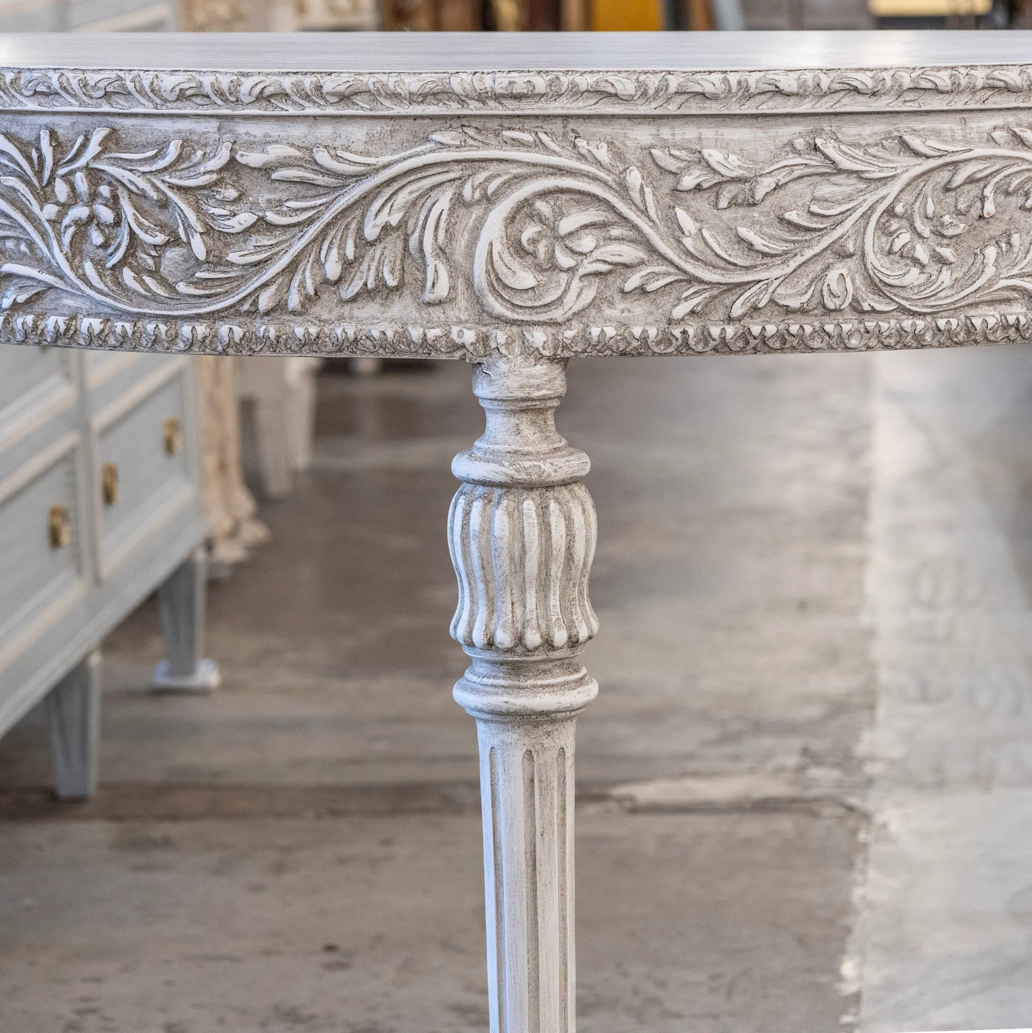 Louis XVI Carved Wood Demilune Console Table - Distressed Grey Finish - Image 5