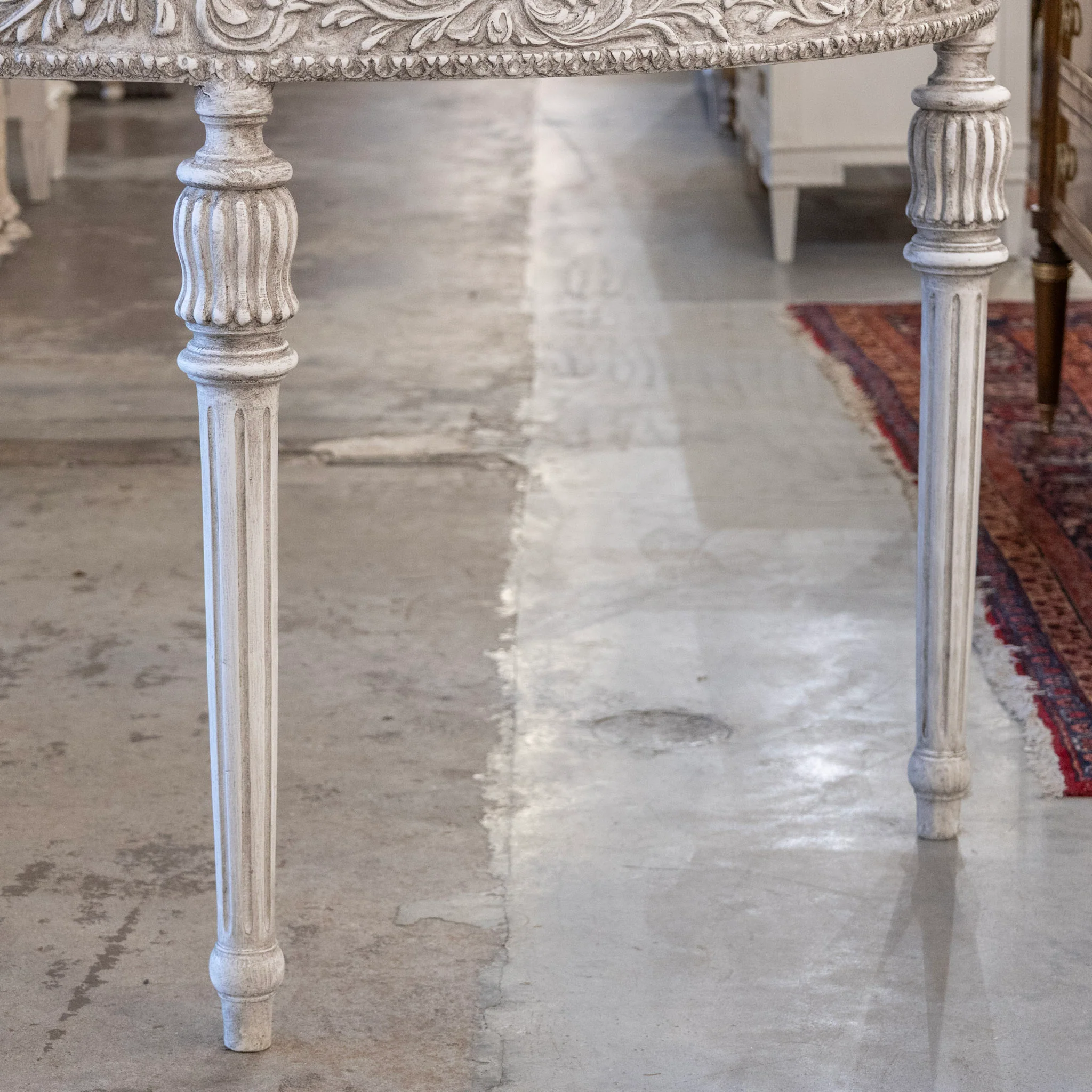 Louis XVI Carved Wood Demilune Console Table - Distressed Grey Finish - Image 6