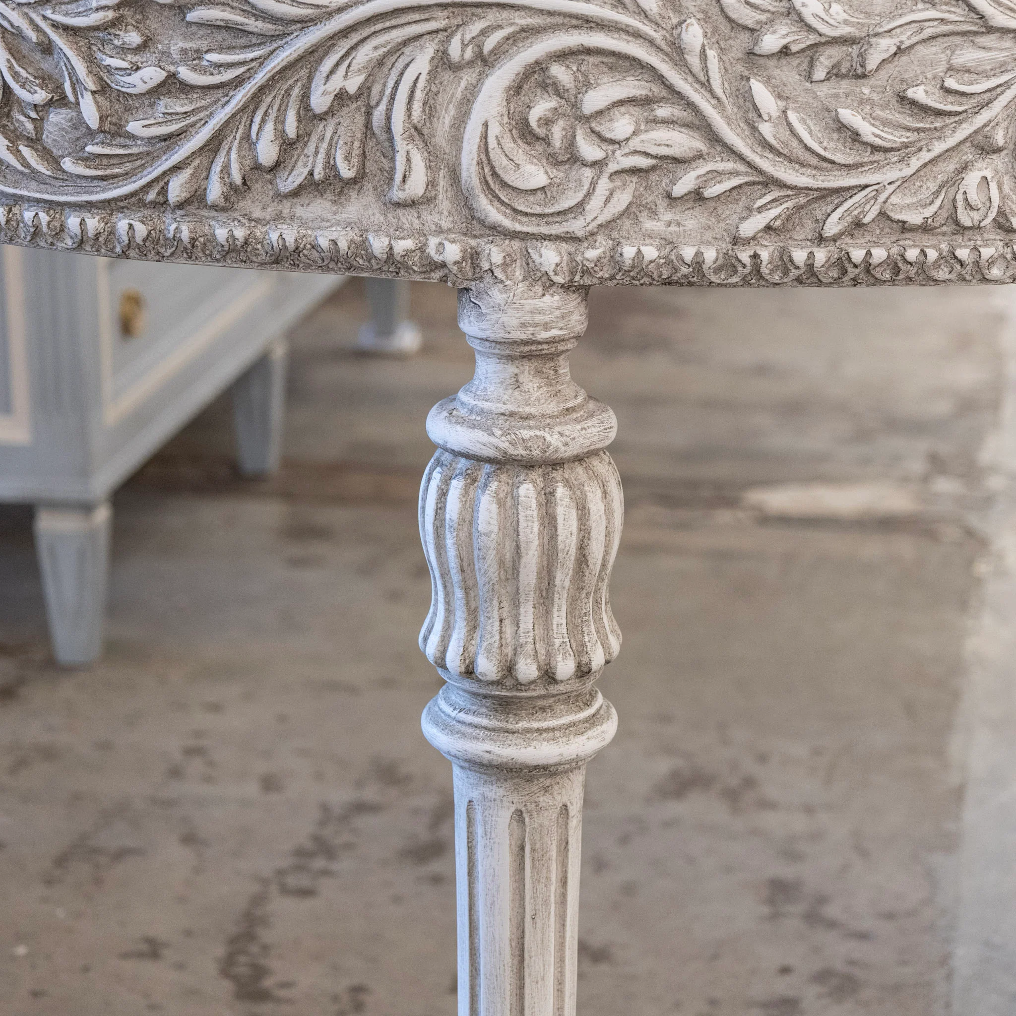 Louis XVI Carved Wood Demilune Console Table - Distressed Grey Finish - Image 7