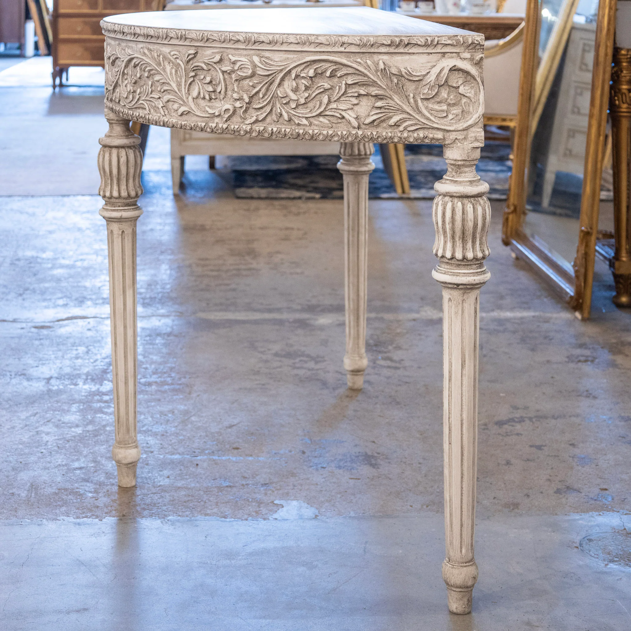 Louis XVI Carved Wood Demilune Console Table - Distressed Grey Finish - Image 8
