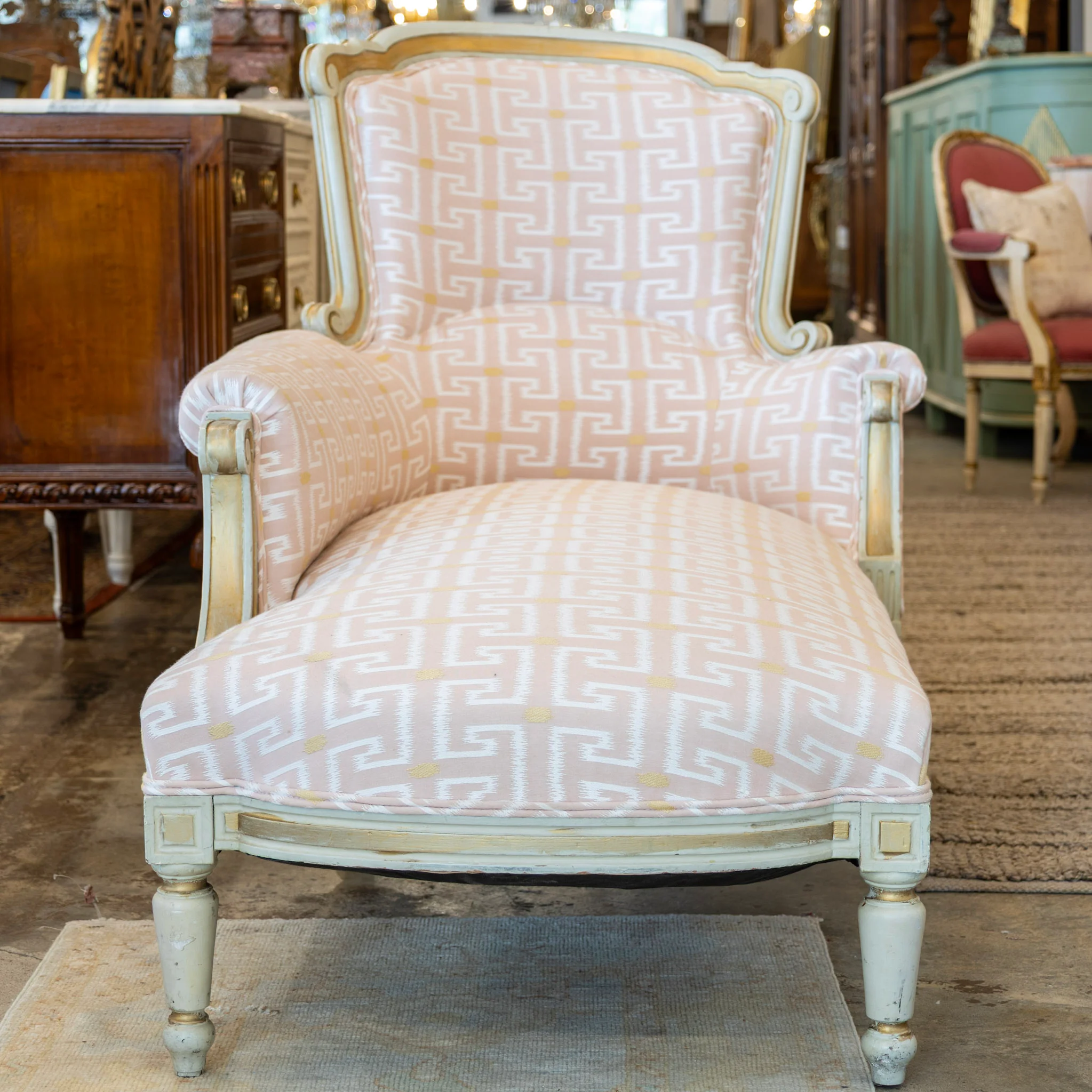 Louis XVI Chaise Lounge – Pink Greek Key Upholstery & Carved Detailing - Image 3