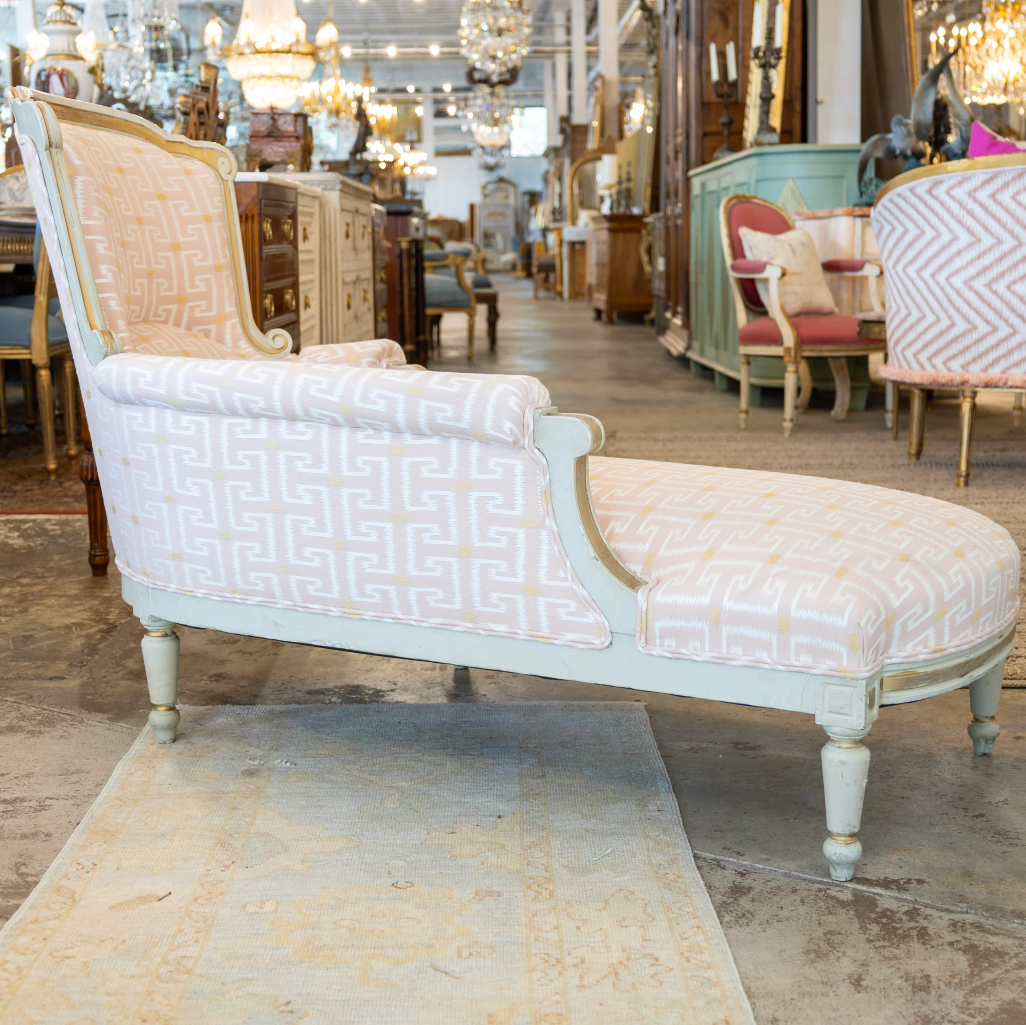 Louis XVI Chaise Lounge – Pink Greek Key Upholstery & Carved Detailing - Image 4