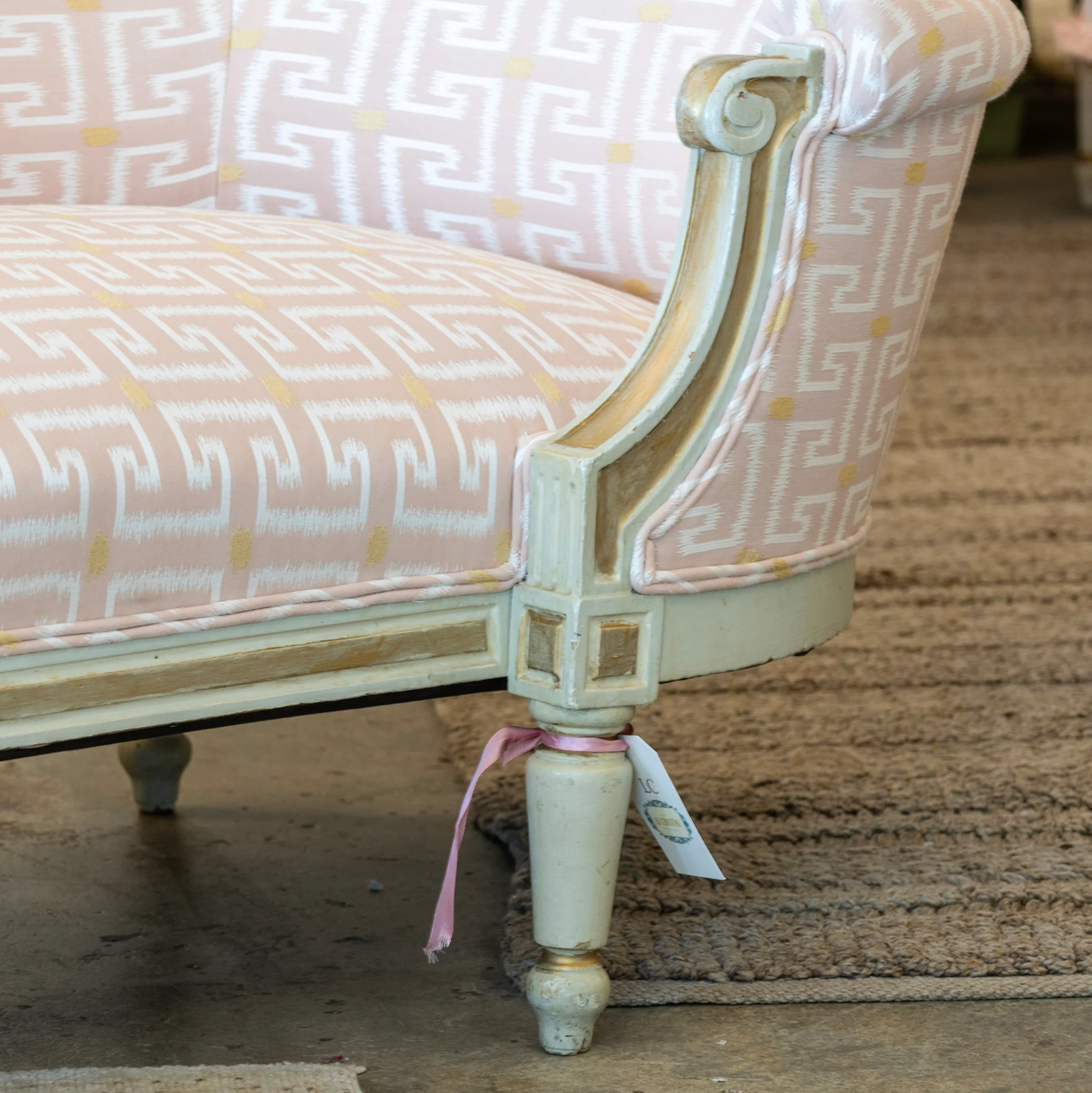 Louis XVI Chaise Lounge – Pink Greek Key Upholstery & Carved Detailing - Image 5