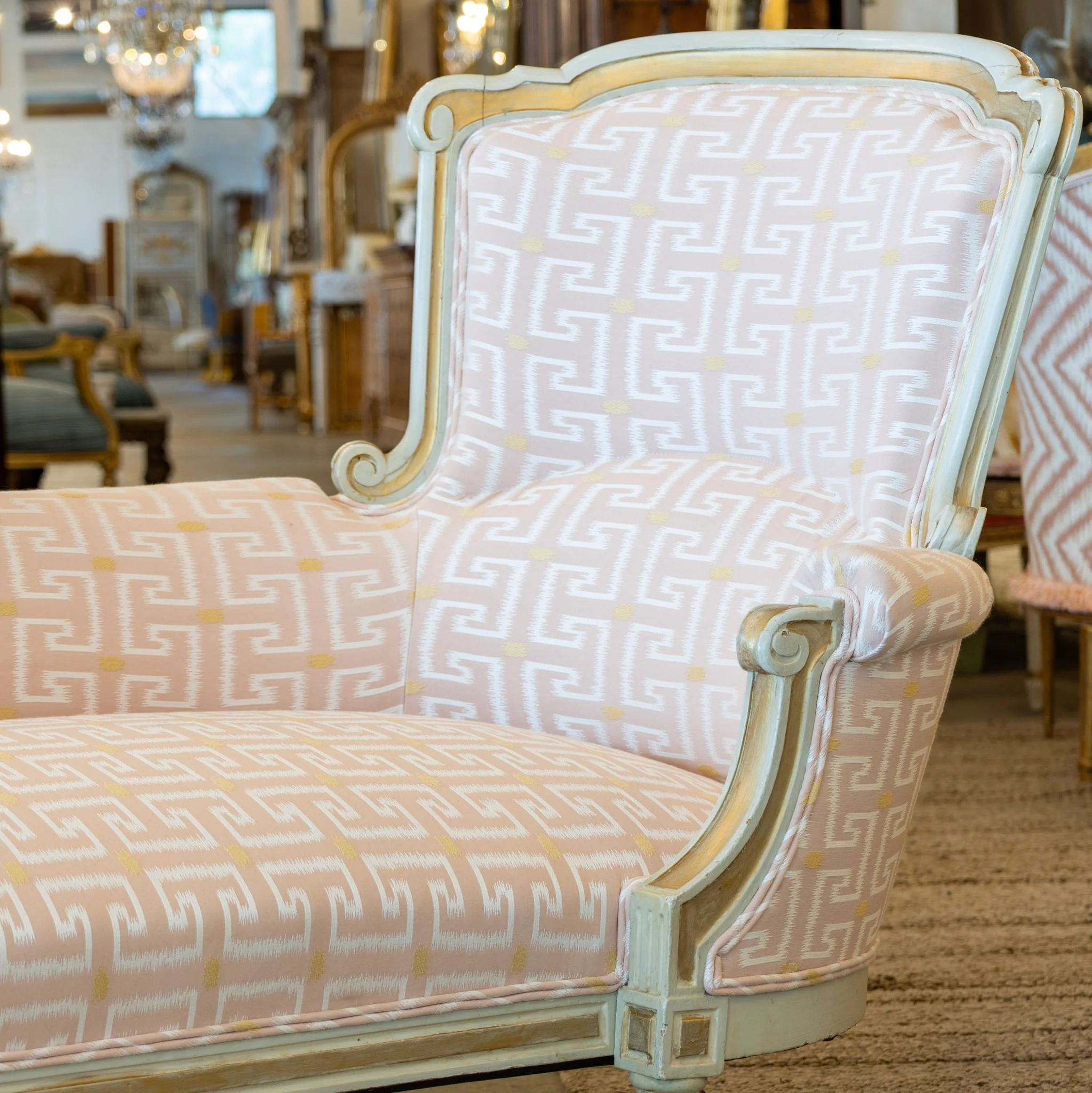 Louis XVI Chaise Lounge – Pink Greek Key Upholstery & Carved Detailing - Image 6