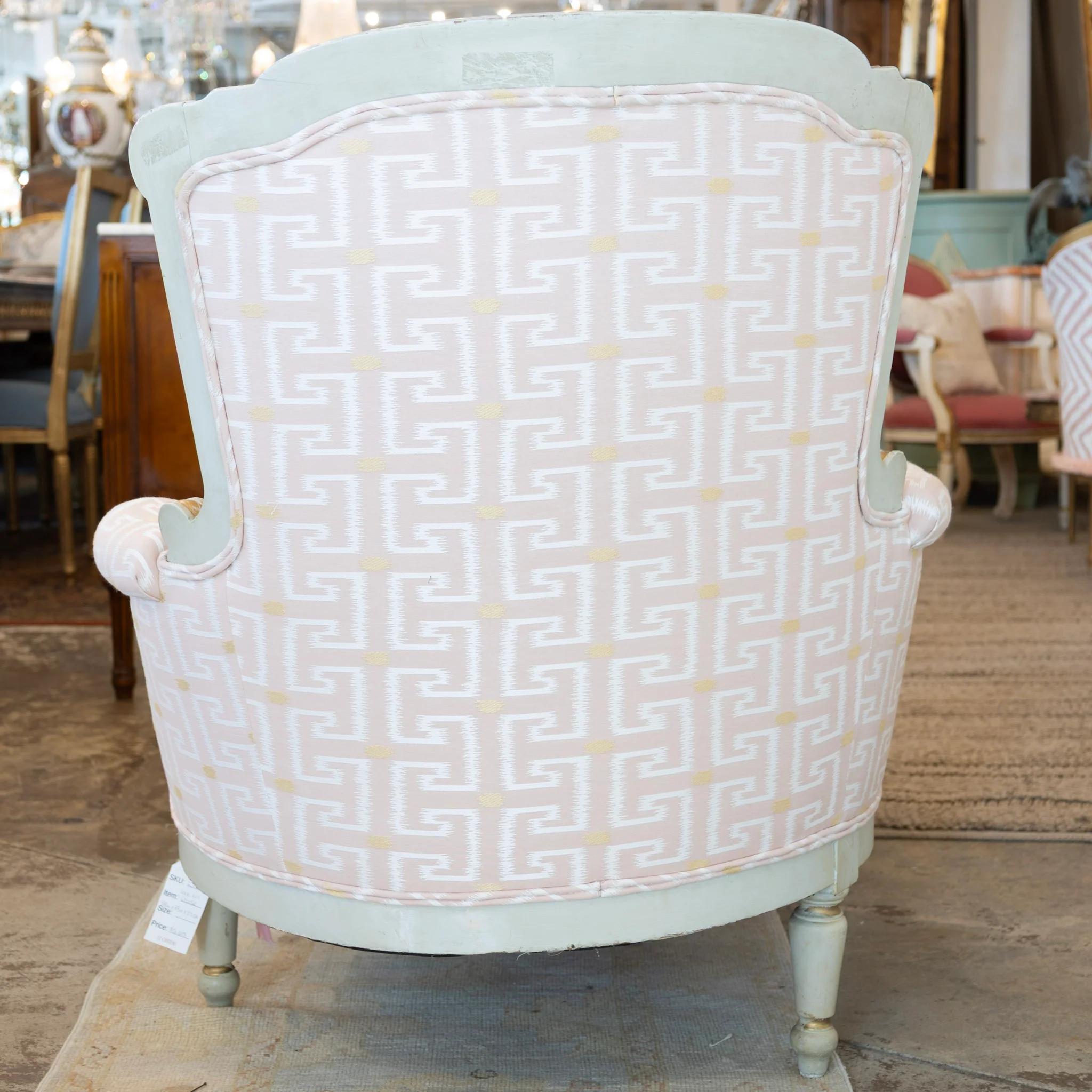Louis XVI Chaise Lounge – Pink Greek Key Upholstery & Carved Detailing - Image 8