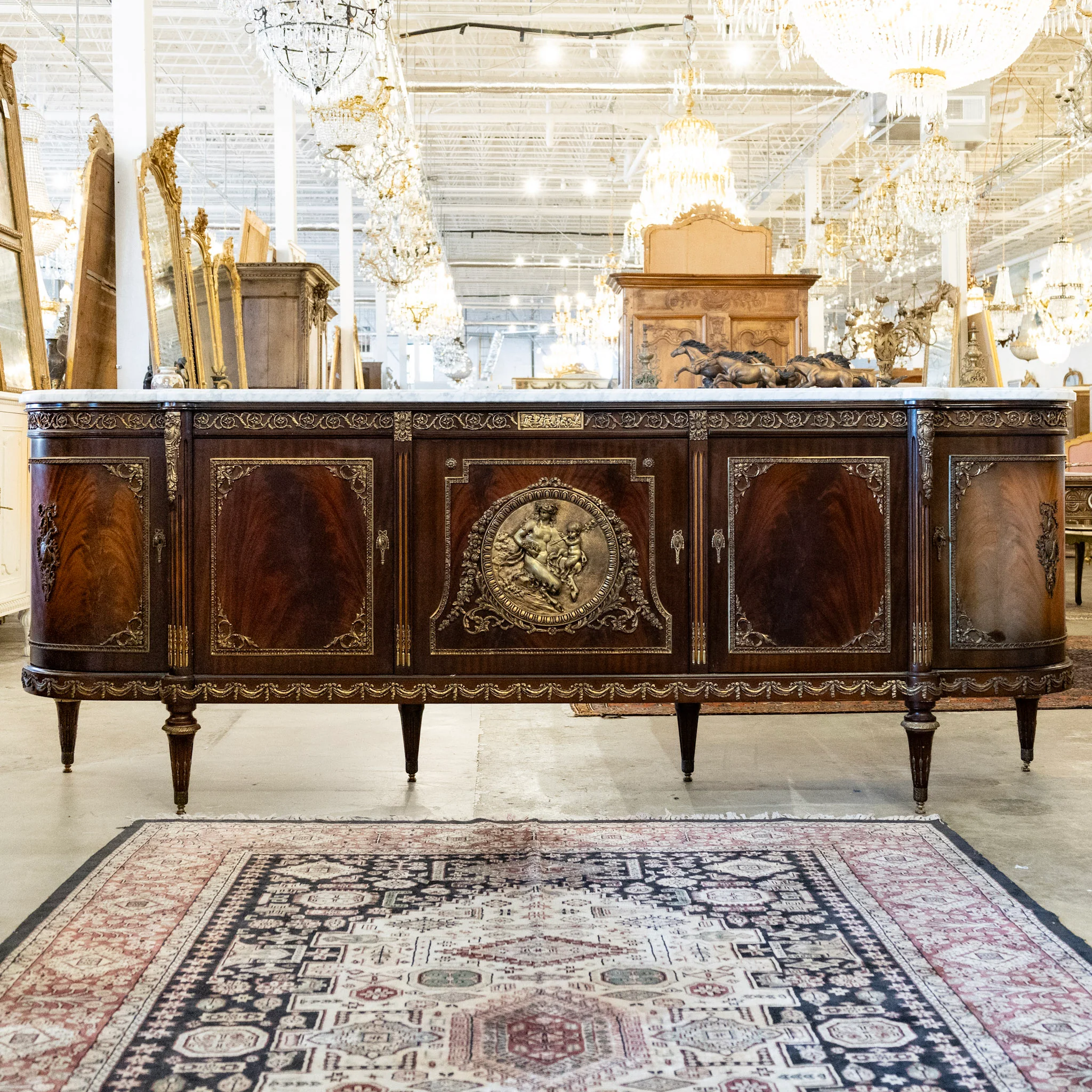 Louis XVI Cherry Wood Demilune Sideboard – Brass Medallion & Ormolu with White Marble Top