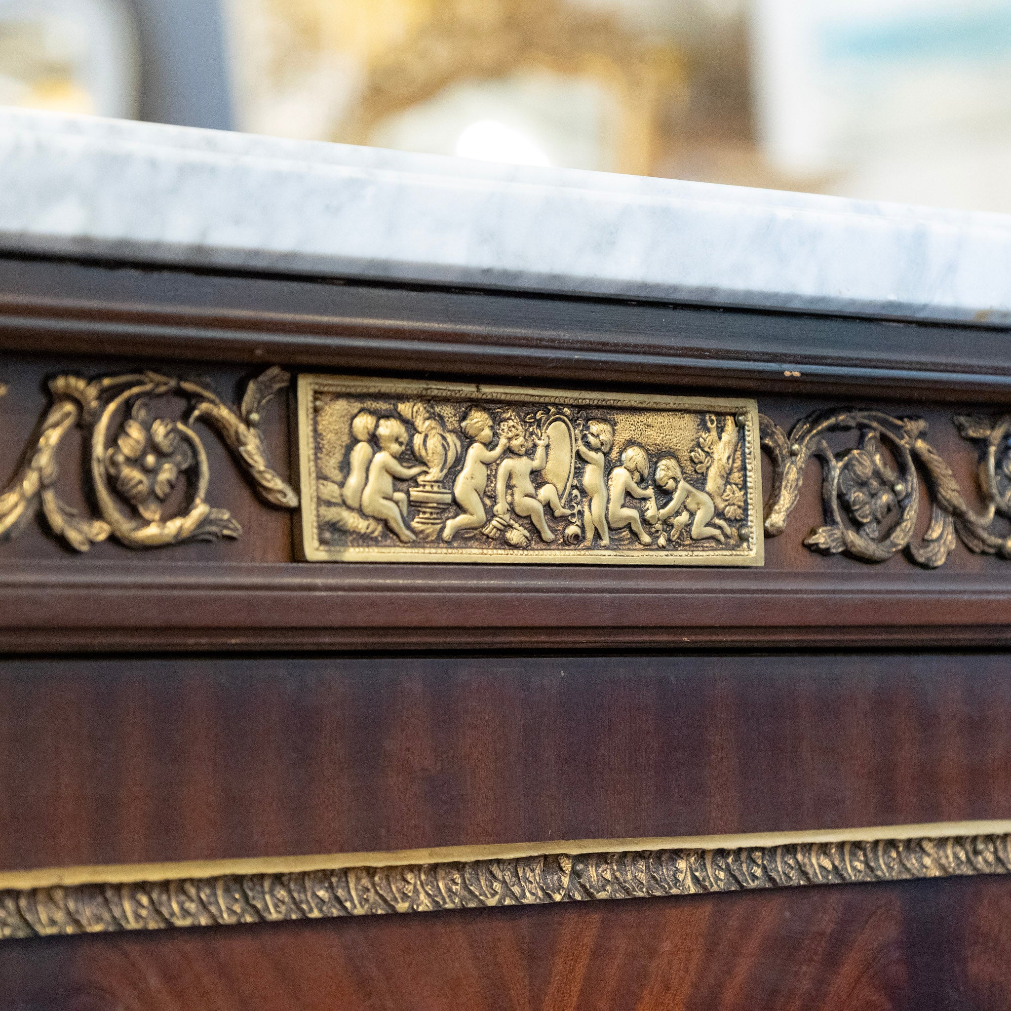 Louis XVI Cherry Wood Demilune Sideboard – Brass Medallion & Ormolu with White Marble Top - Image 10