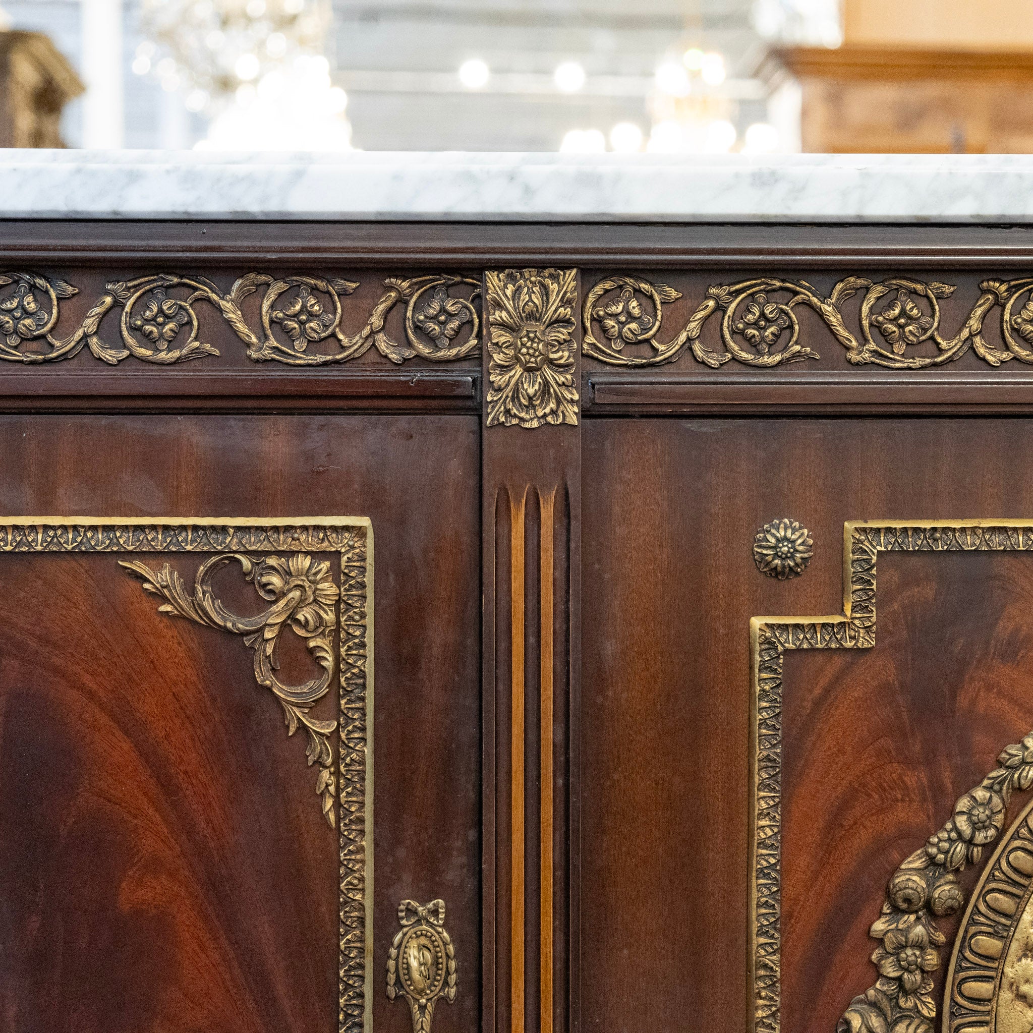 Louis XVI Cherry Wood Demilune Sideboard – Brass Medallion & Ormolu with White Marble Top - Image 11