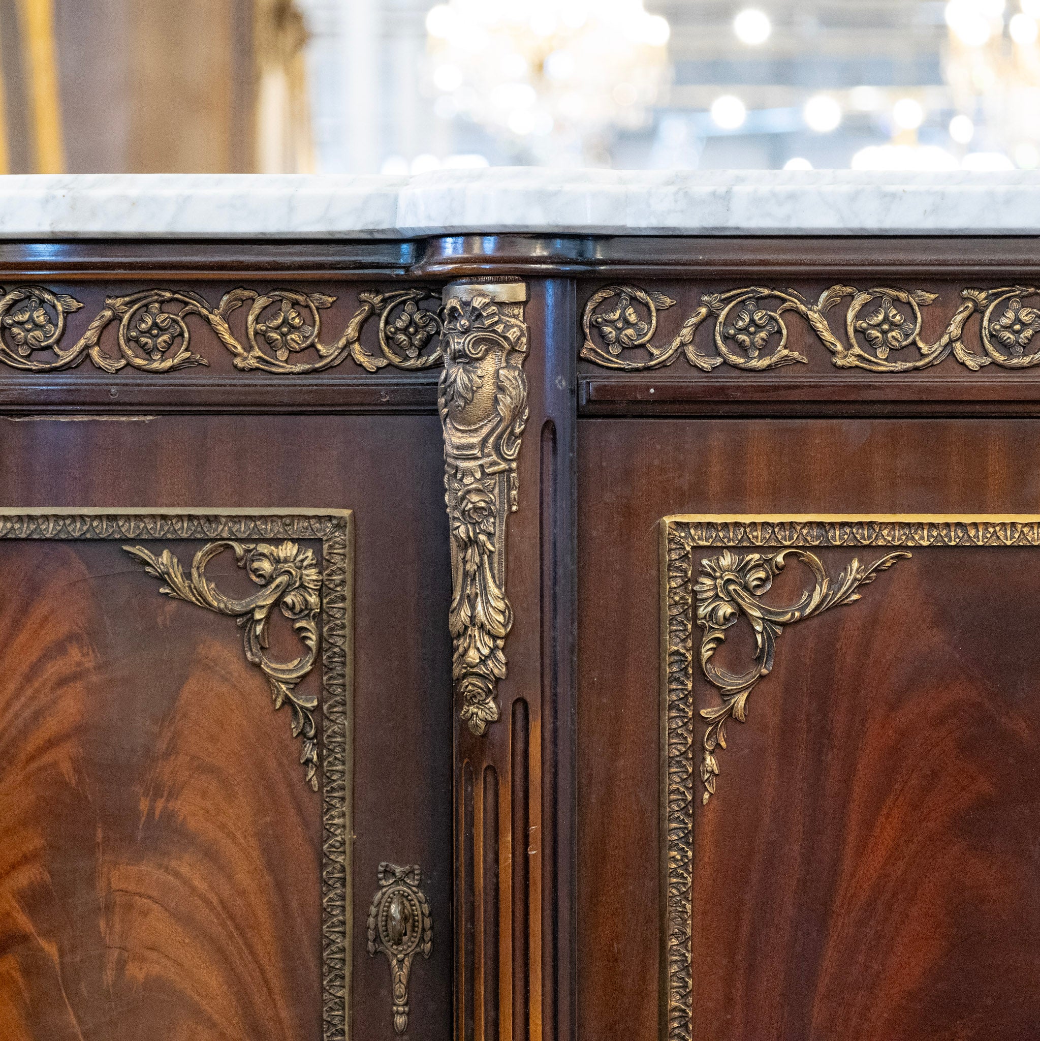Louis XVI Cherry Wood Demilune Sideboard – Brass Medallion & Ormolu with White Marble Top - Image 12