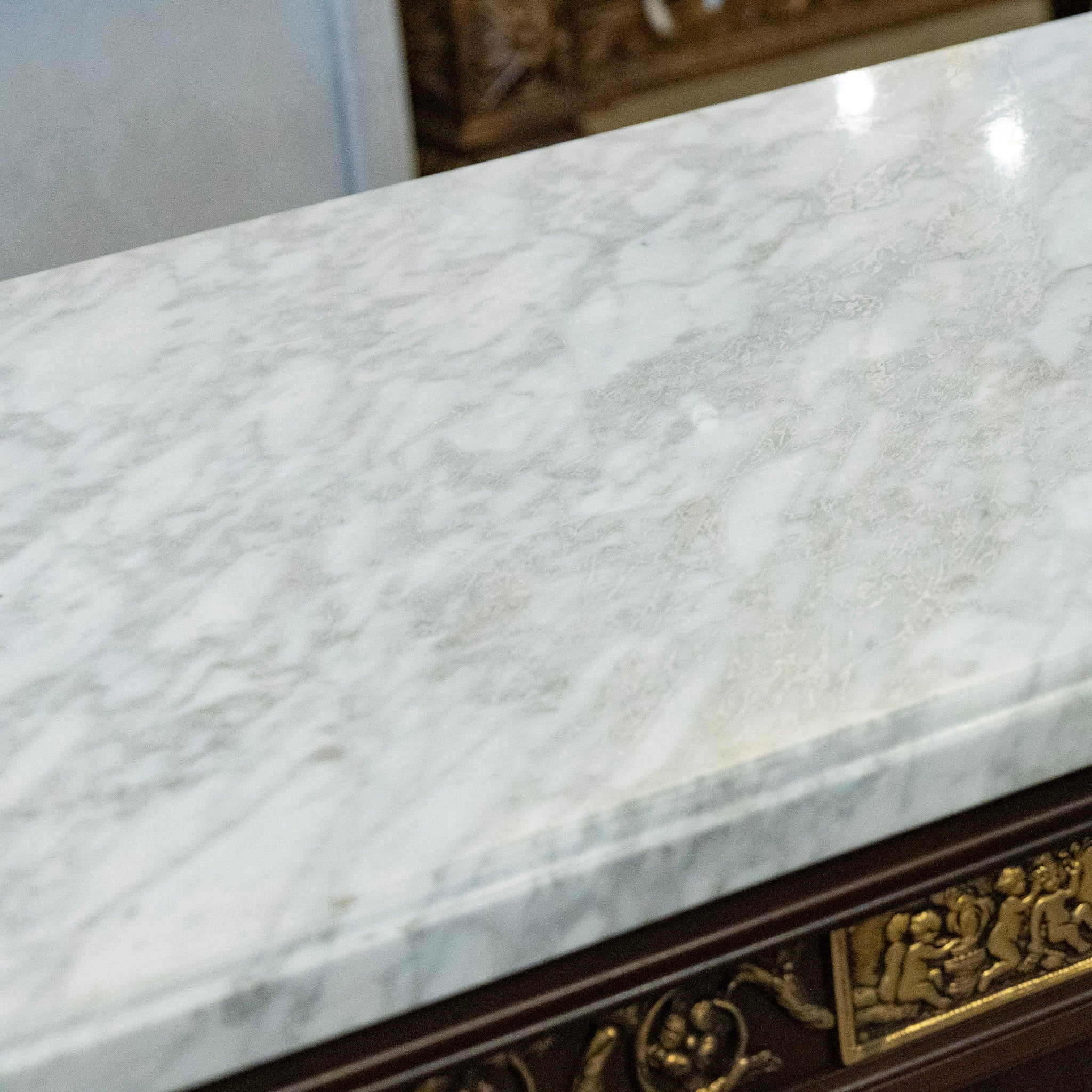 Louis XVI Cherry Wood Demilune Sideboard – Brass Medallion & Ormolu with White Marble Top - Image 14