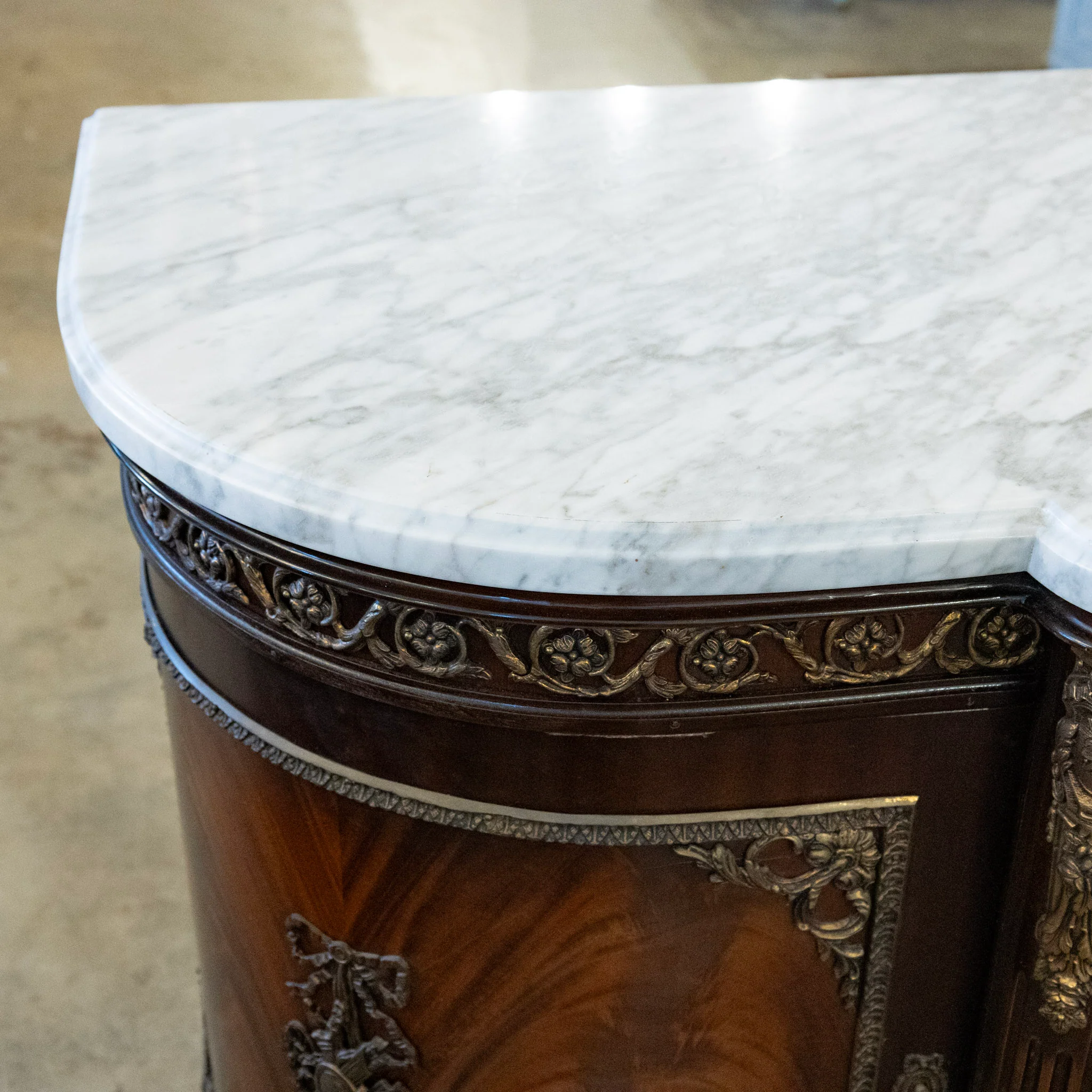 Louis XVI Cherry Wood Demilune Sideboard – Brass Medallion & Ormolu with White Marble Top - Image 15