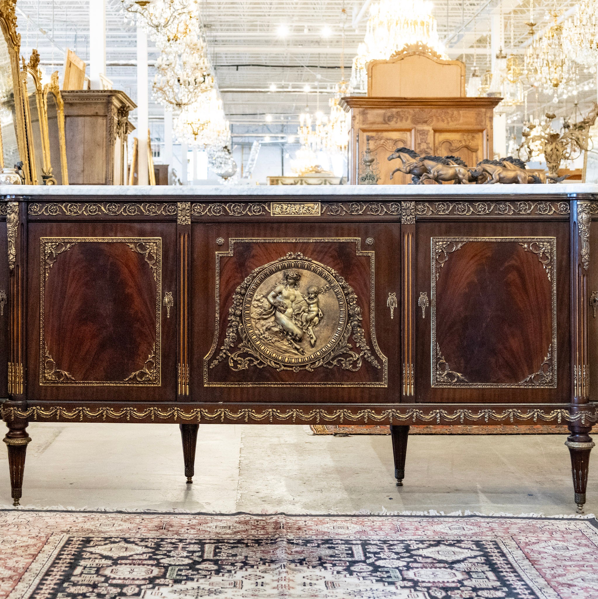 Louis XVI Cherry Wood Demilune Sideboard – Brass Medallion & Ormolu with White Marble Top - Image 2