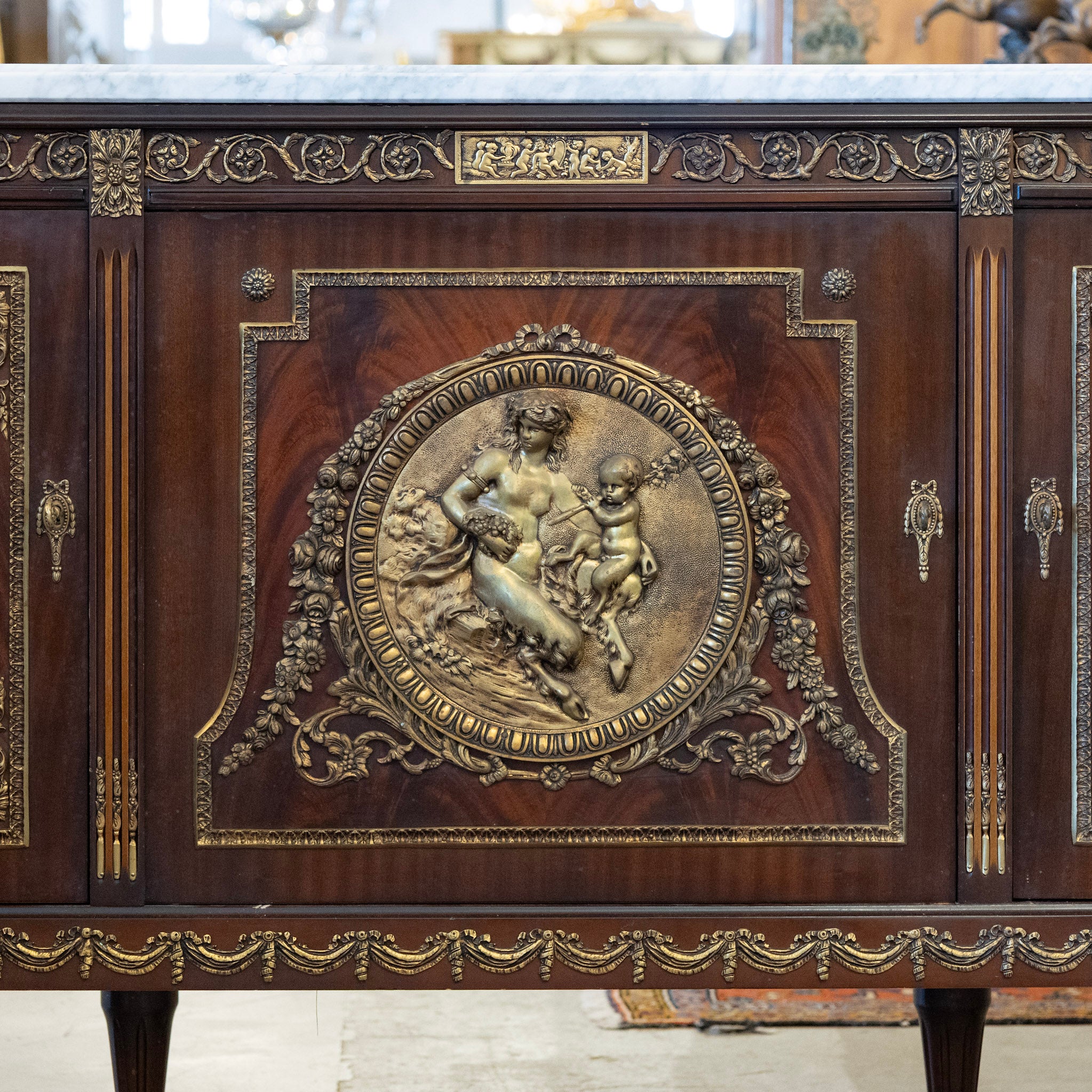 Louis XVI Cherry Wood Demilune Sideboard – Brass Medallion & Ormolu with White Marble Top - Image 3