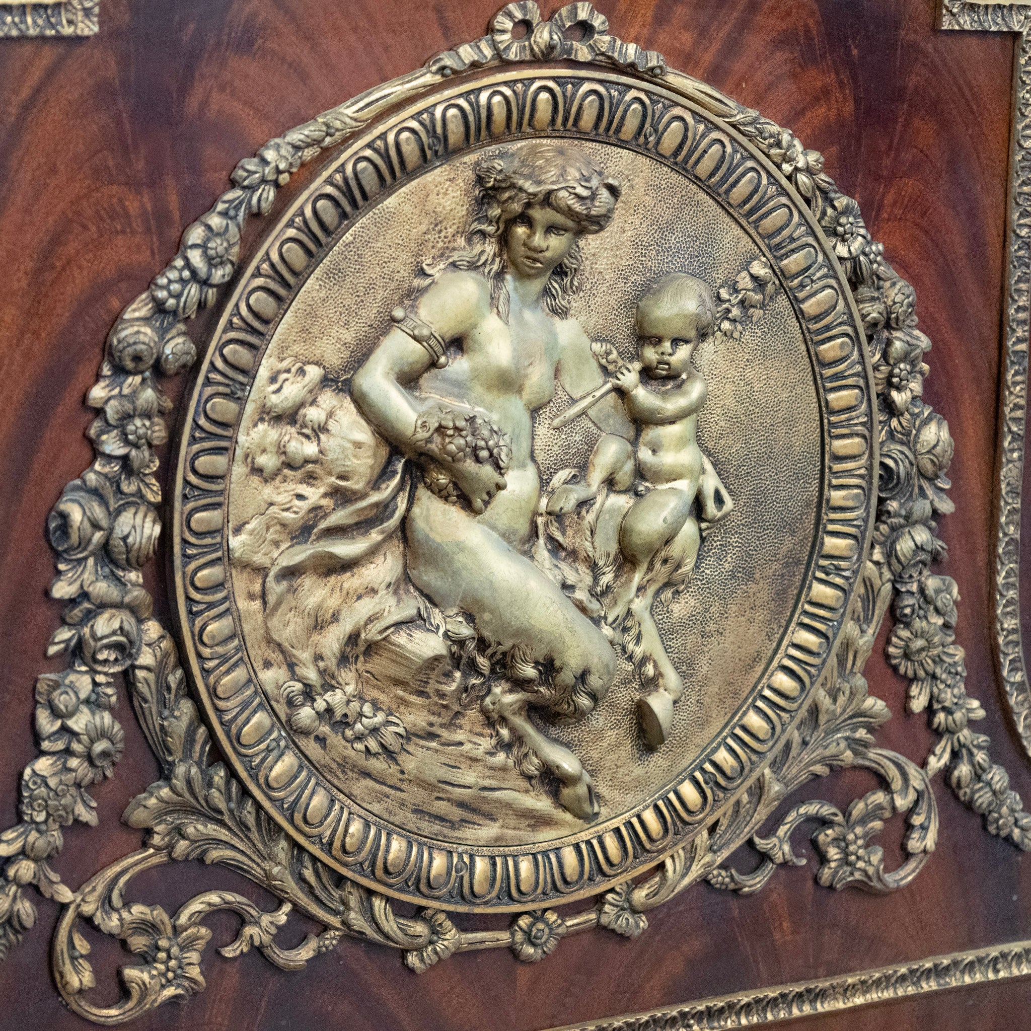 Louis XVI Cherry Wood Demilune Sideboard – Brass Medallion & Ormolu with White Marble Top - Image 4