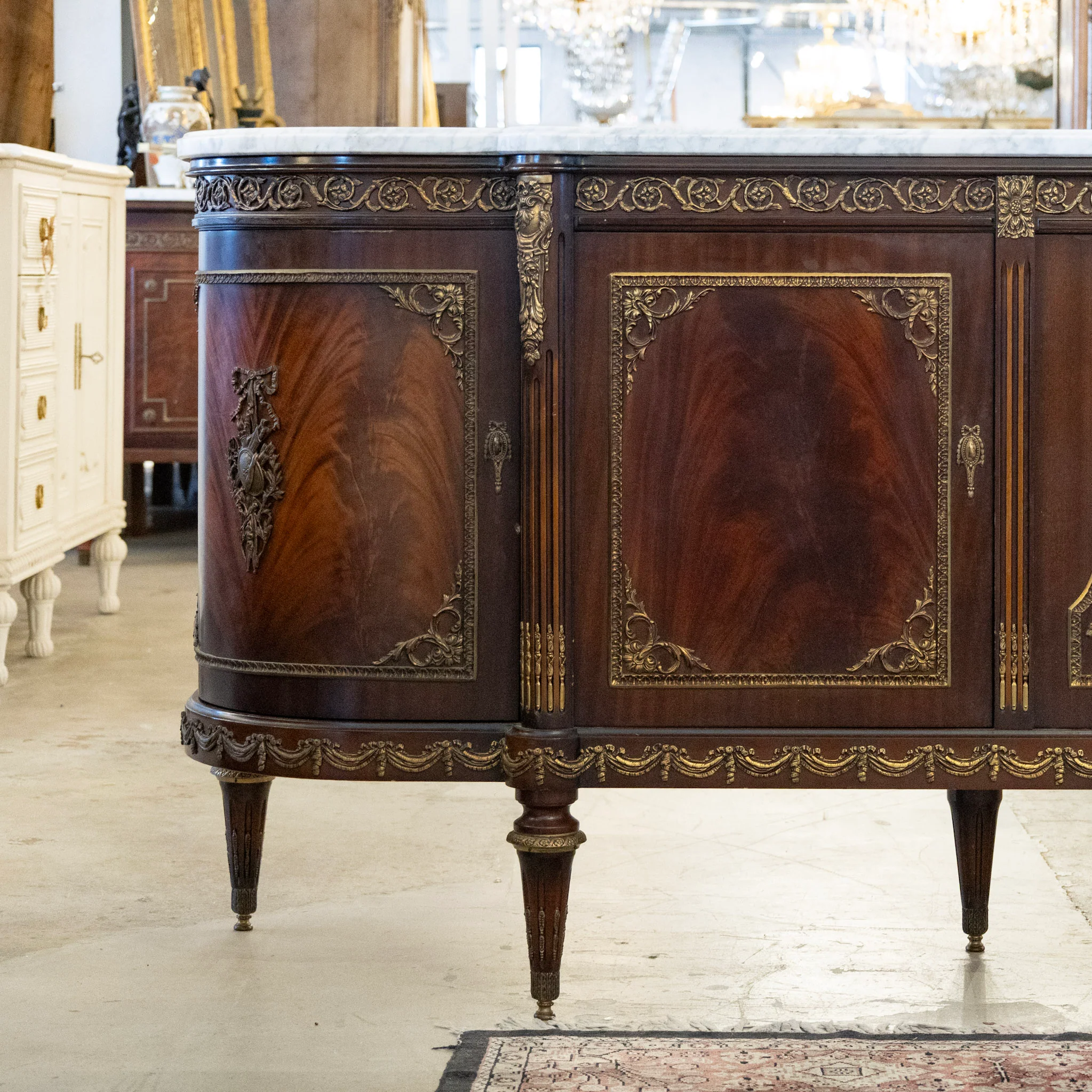 Louis XVI Cherry Wood Demilune Sideboard – Brass Medallion & Ormolu with White Marble Top - Image 5