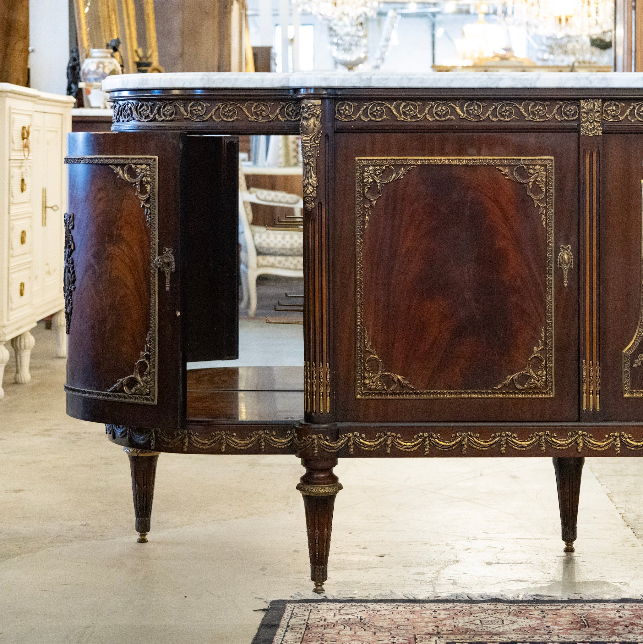 Louis XVI Cherry Wood Demilune Sideboard – Brass Medallion & Ormolu with White Marble Top - Image 6