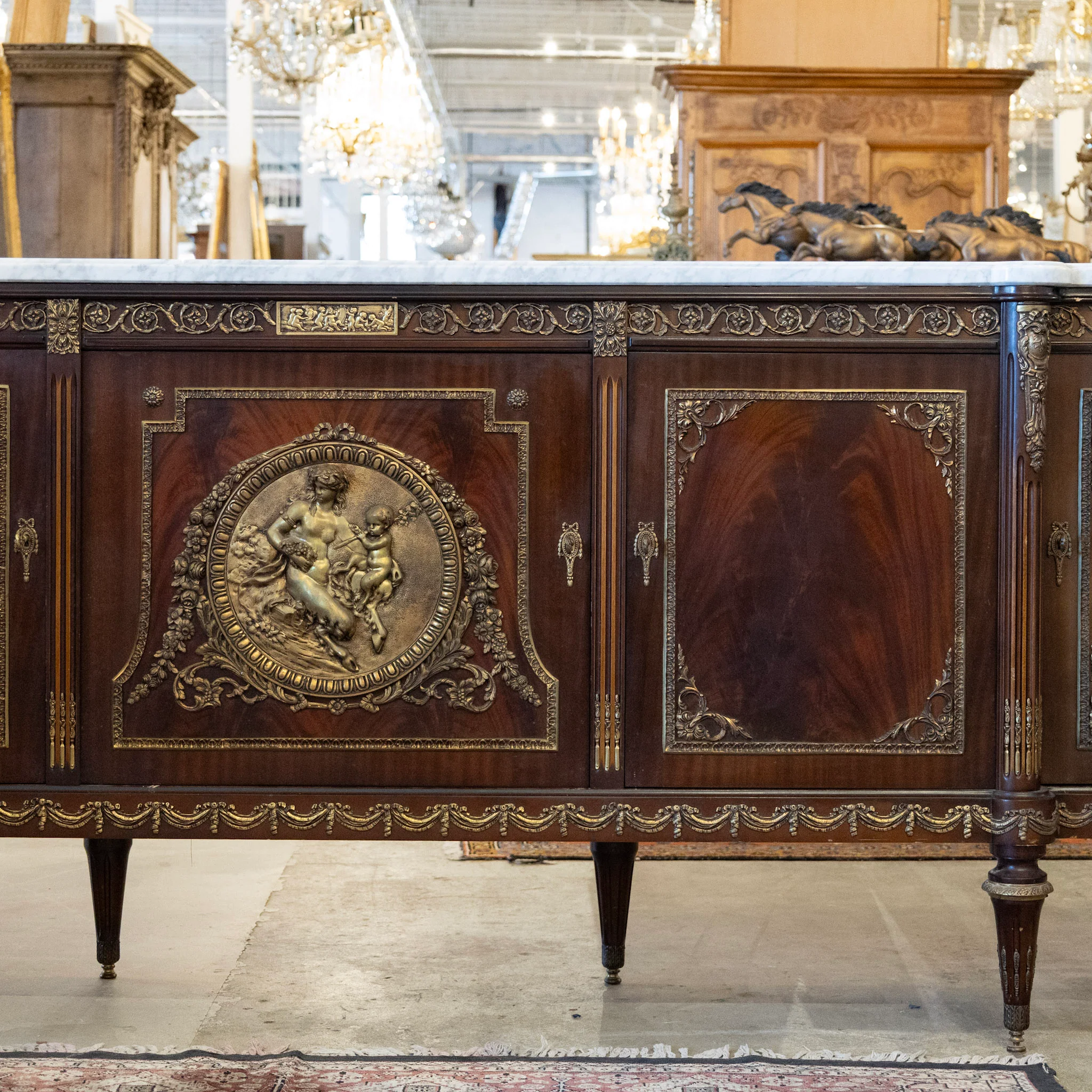 Louis XVI Cherry Wood Demilune Sideboard – Brass Medallion & Ormolu with White Marble Top - Image 7