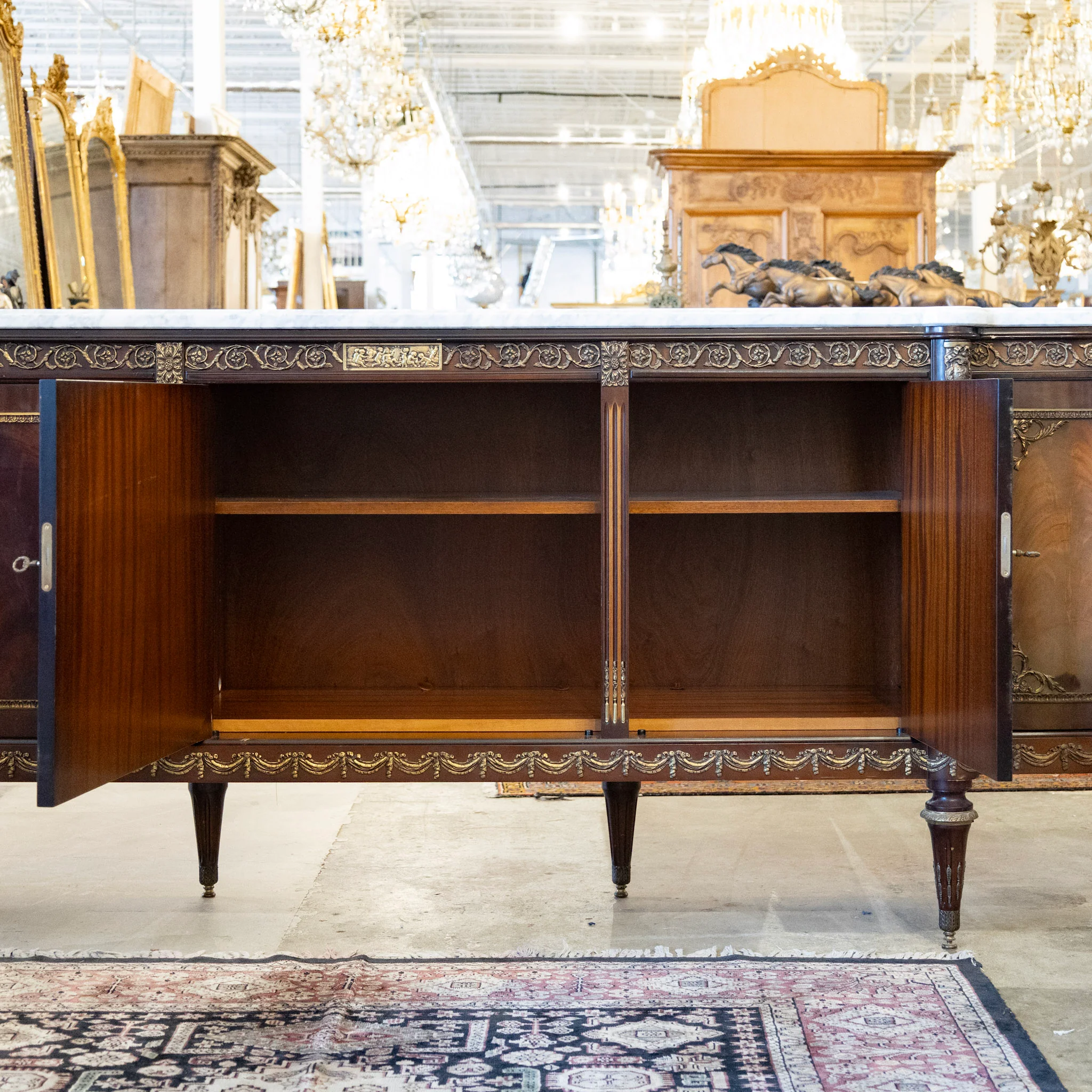 Louis XVI Cherry Wood Demilune Sideboard – Brass Medallion & Ormolu with White Marble Top - Image 8