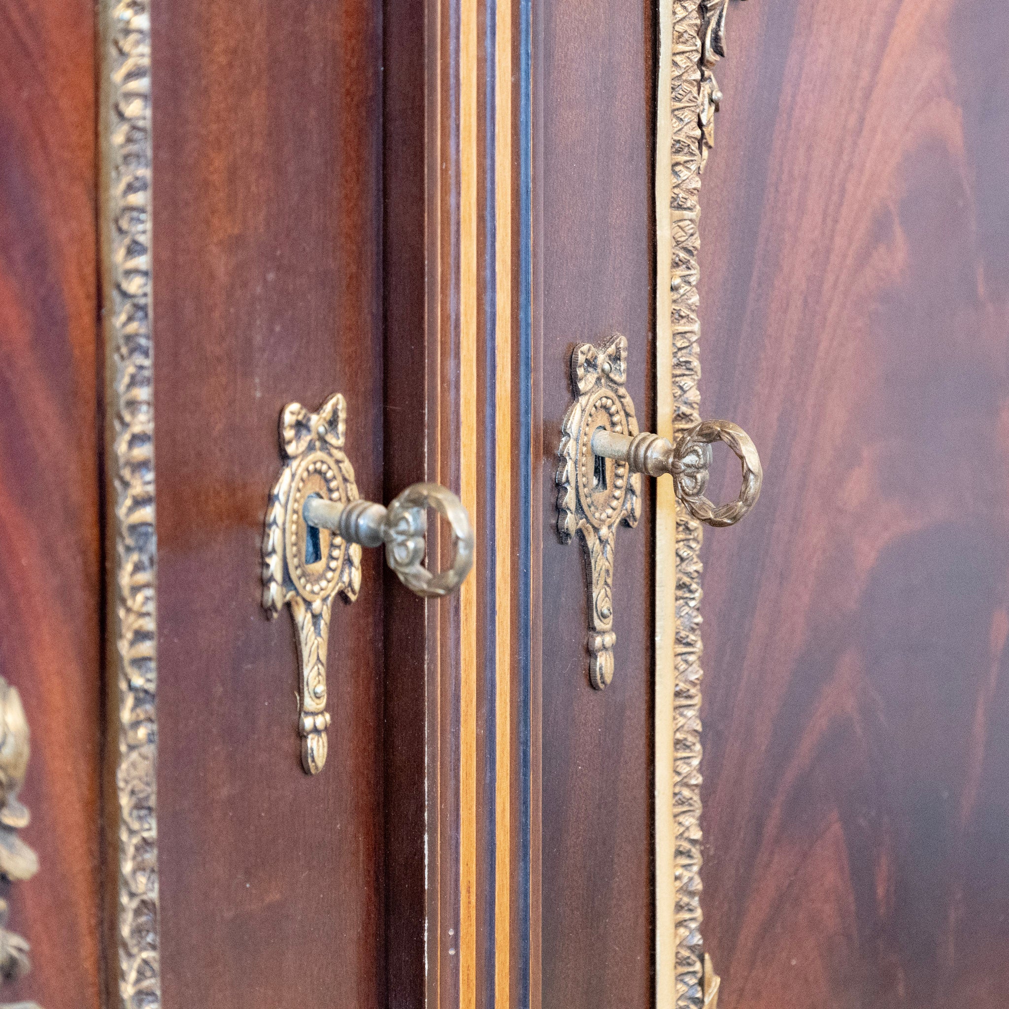 Louis XVI Cherry Wood Demilune Sideboard – Brass Medallion & Ormolu with White Marble Top - Image 9