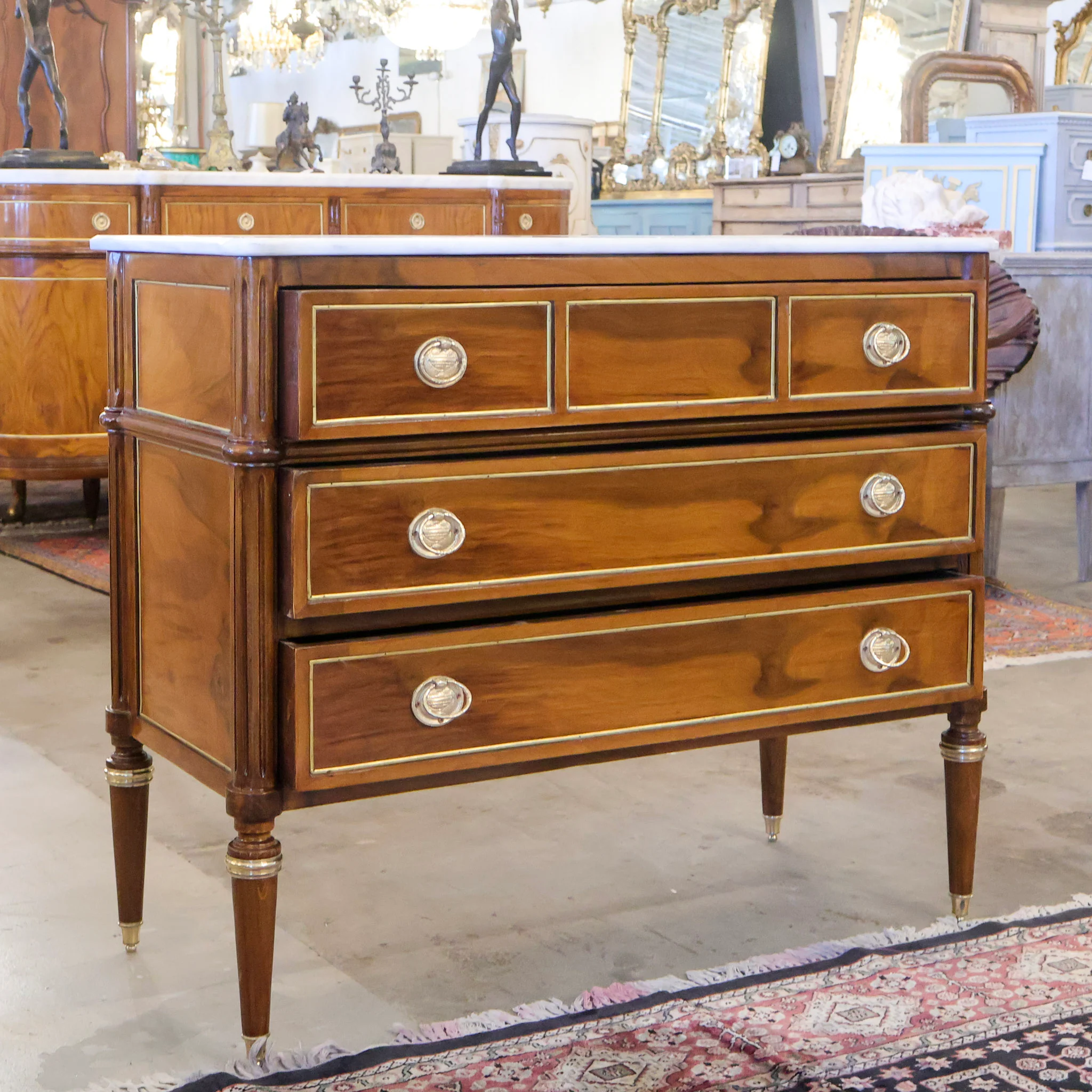 Louis XVI Burl Wood Chest with Brass Pulls and White Marble Top - Image 3