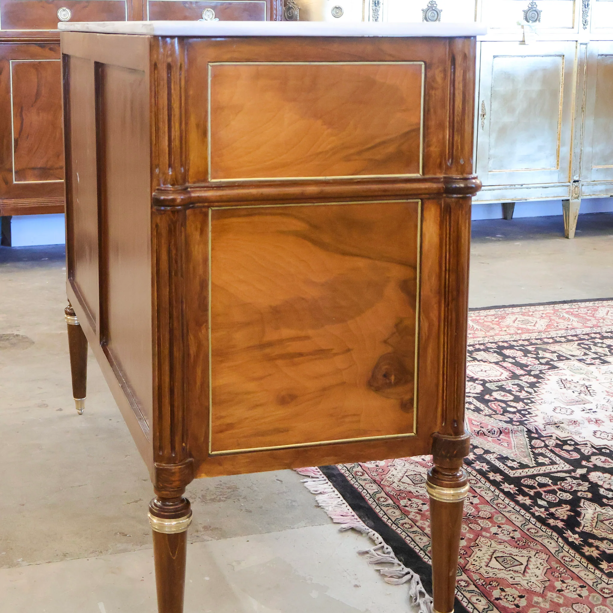 Louis XVI Burl Wood Chest with Brass Pulls and White Marble Top - Image 5