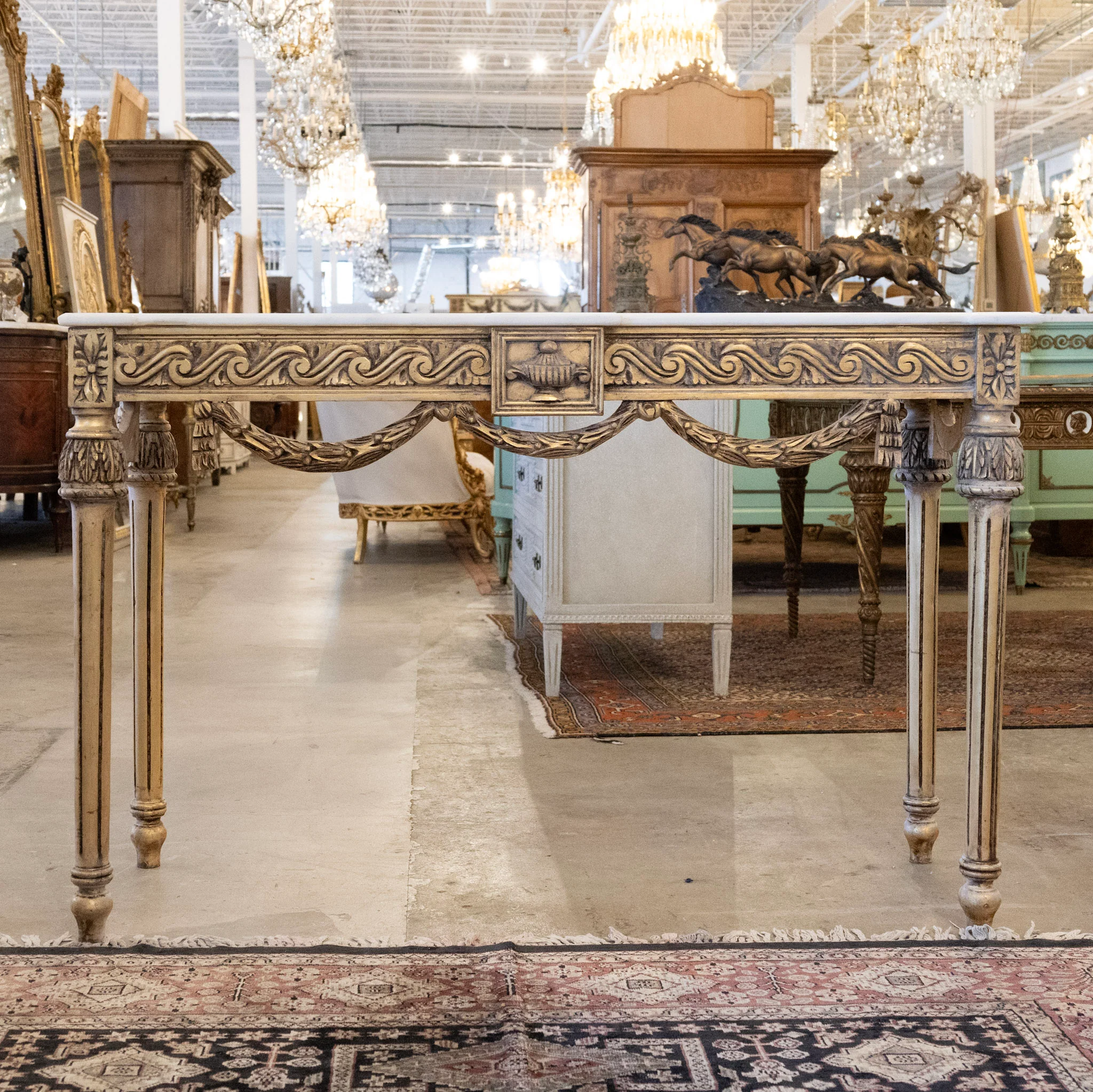 Louis XVI Console Table – Gilded Carvings with Urn Medallion and White Marble Top