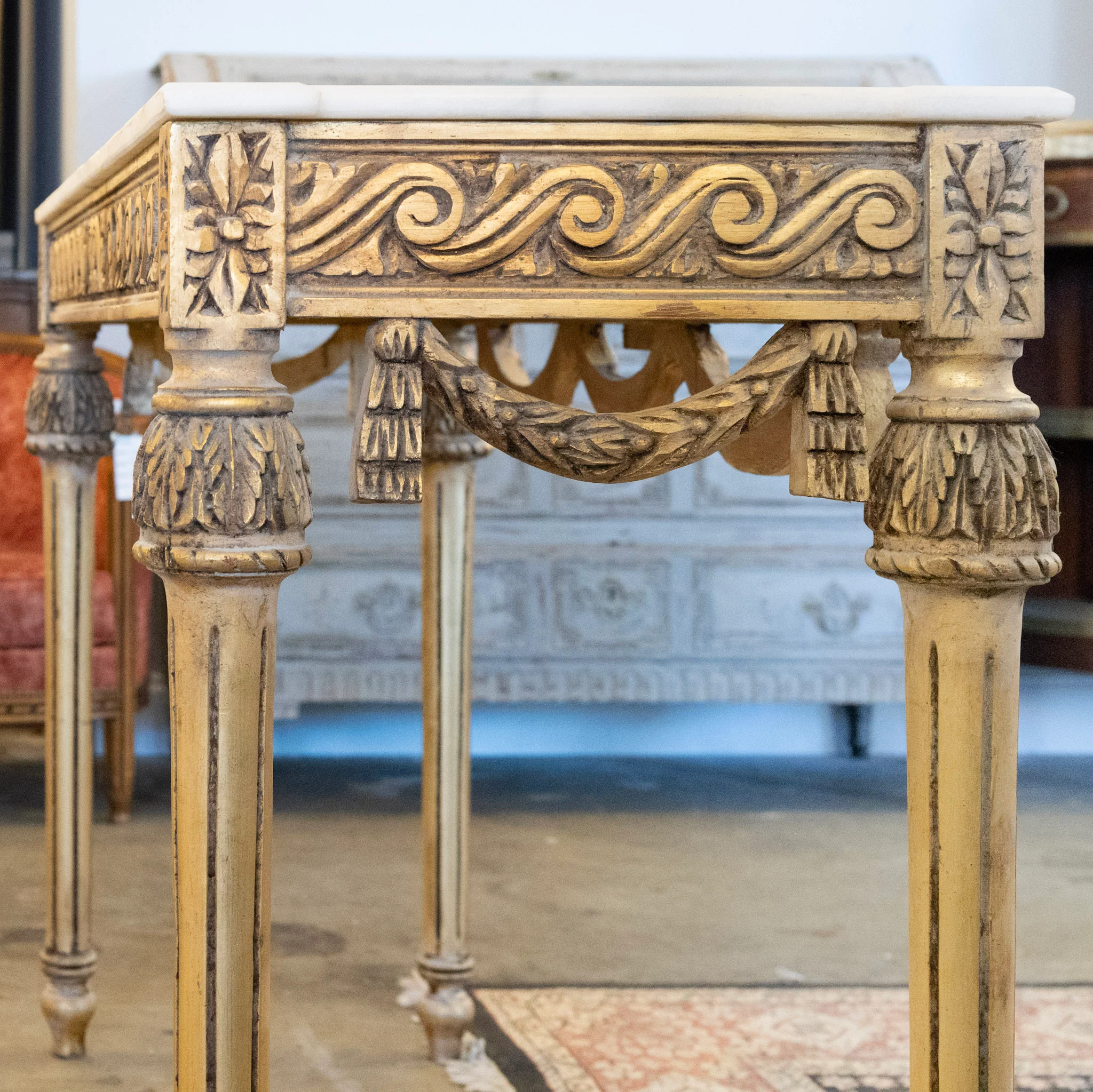 Louis XVI Console Table – Gilded Carvings with Urn Medallion and White Marble Top - Image 10