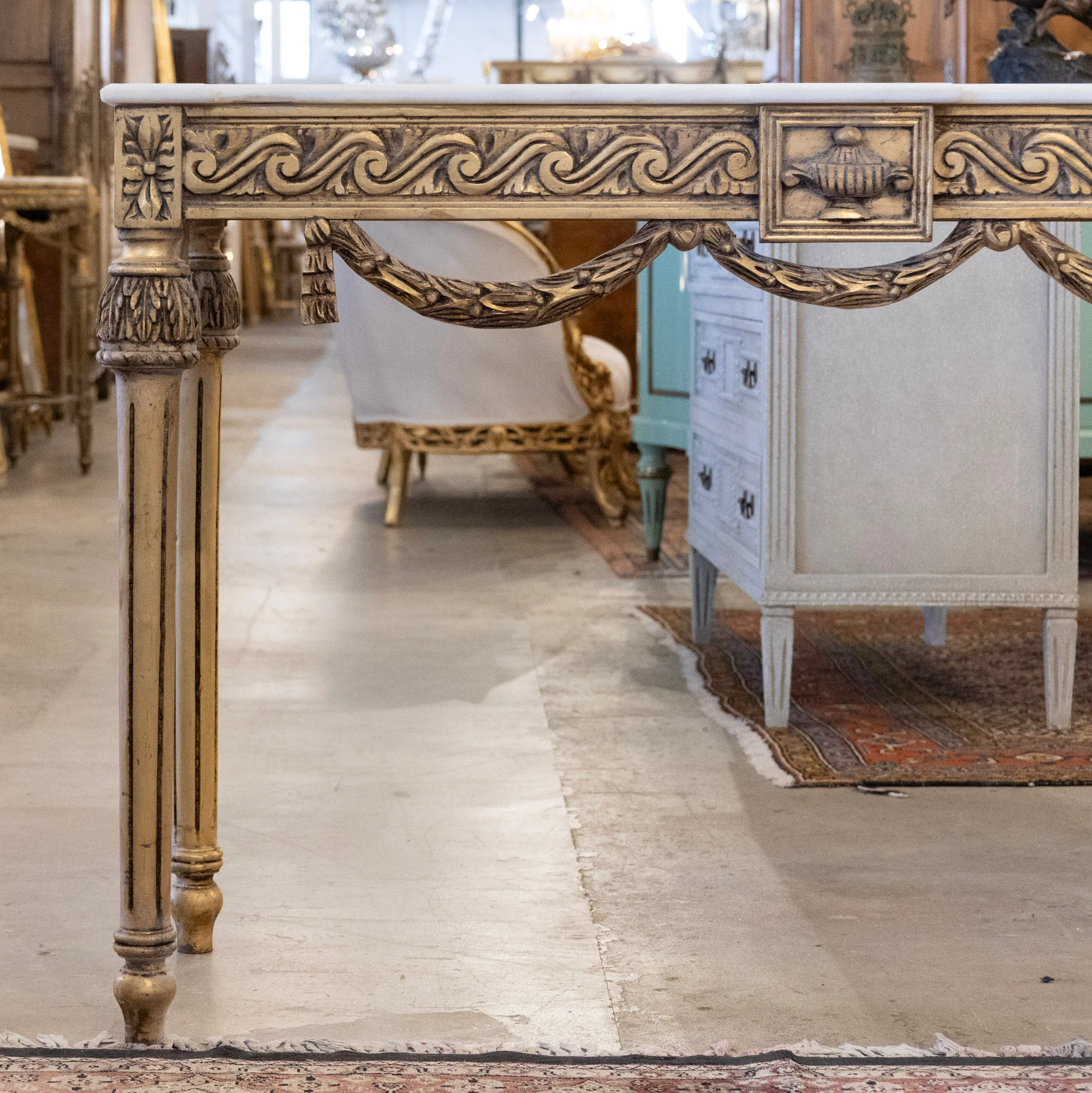 Louis XVI Console Table – Gilded Carvings with Urn Medallion and White Marble Top - Image 2