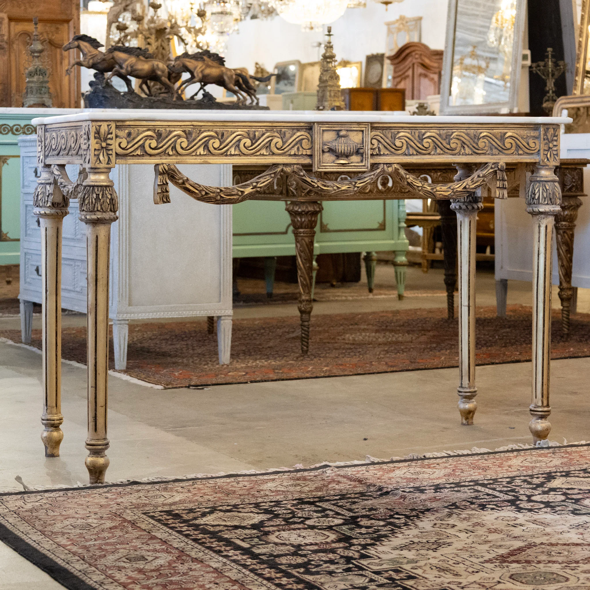 Louis XVI Console Table – Gilded Carvings with Urn Medallion and White Marble Top - Image 3