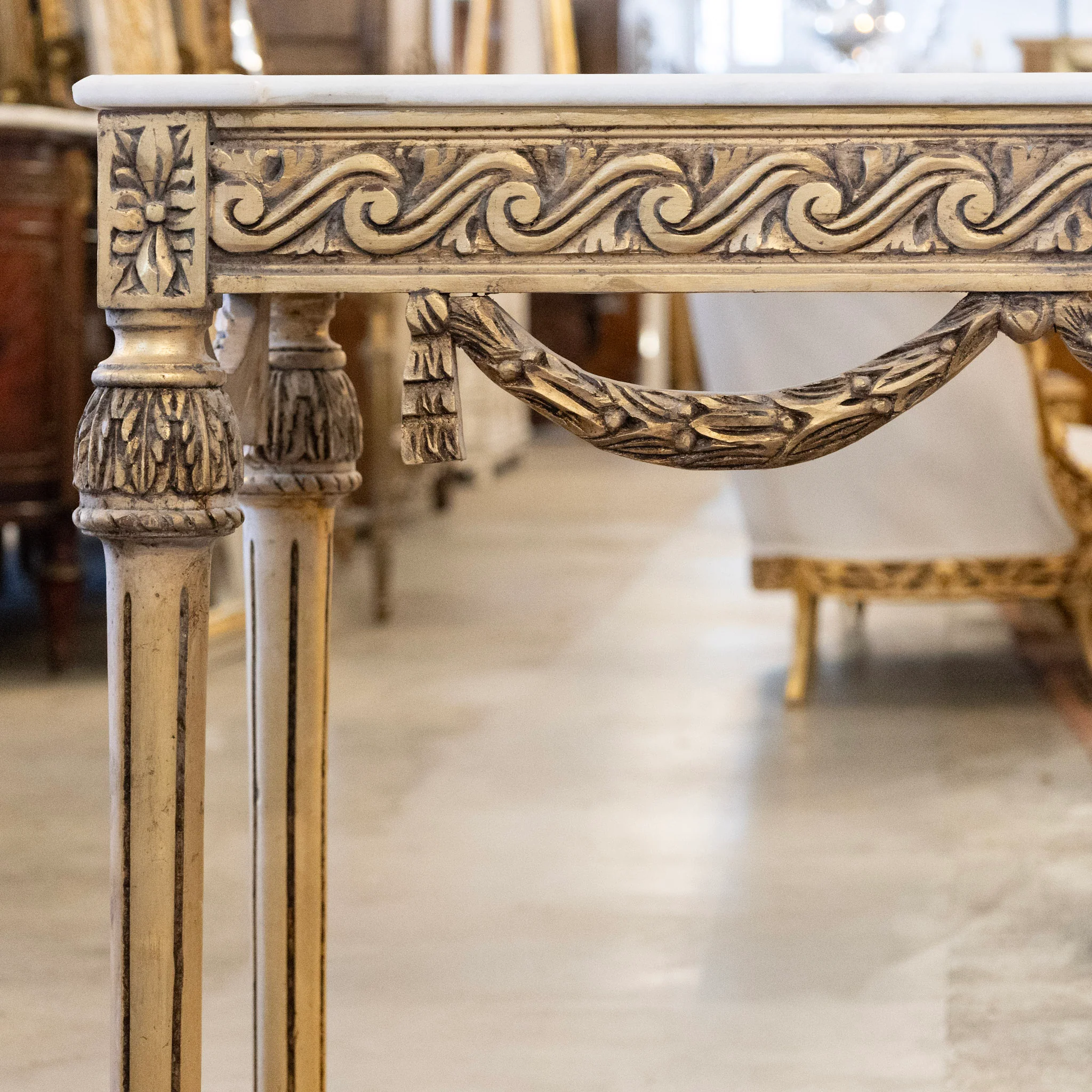 Louis XVI Console Table – Gilded Carvings with Urn Medallion and White Marble Top - Image 4