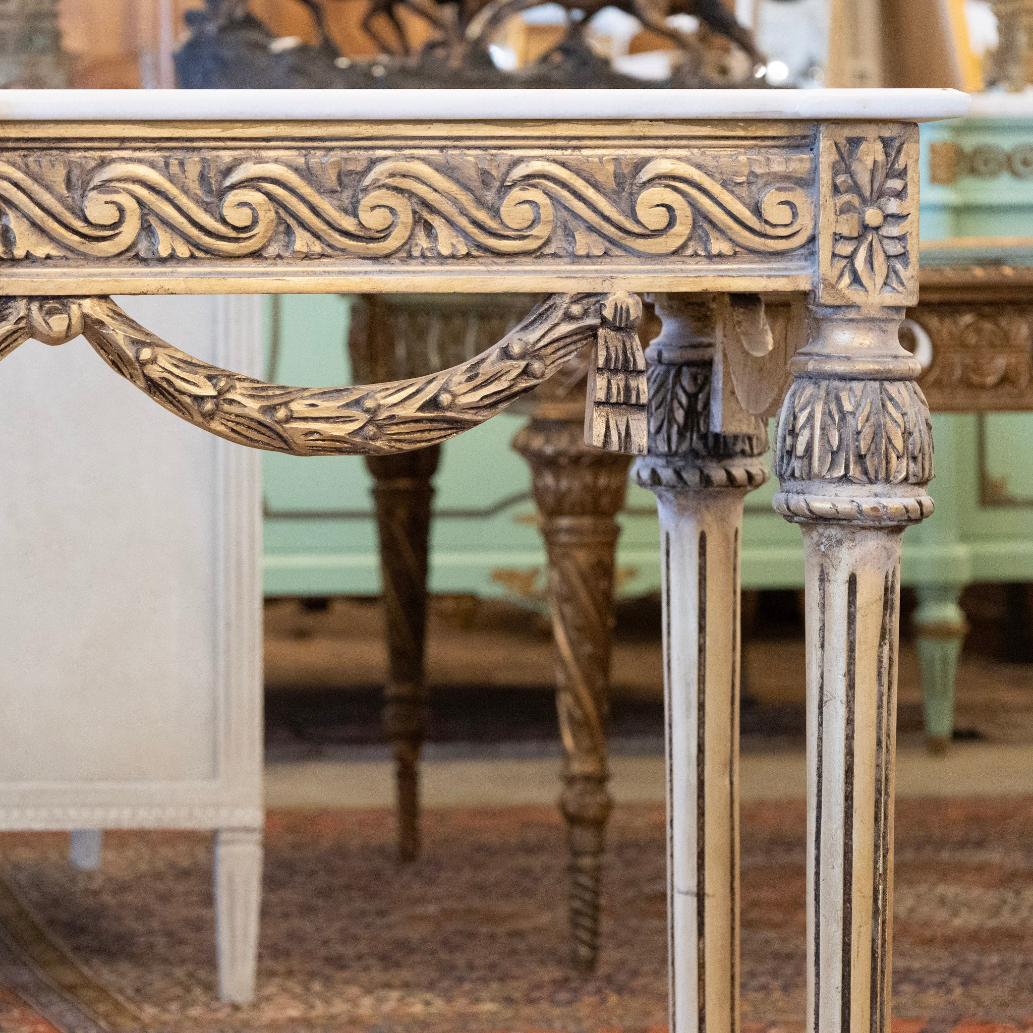Louis XVI Console Table – Gilded Carvings with Urn Medallion and White Marble Top - Image 5