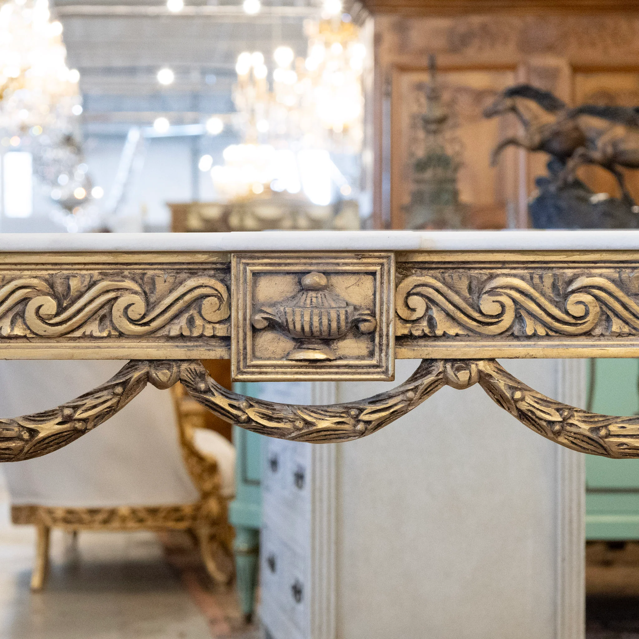 Louis XVI Console Table – Gilded Carvings with Urn Medallion and White Marble Top - Image 6