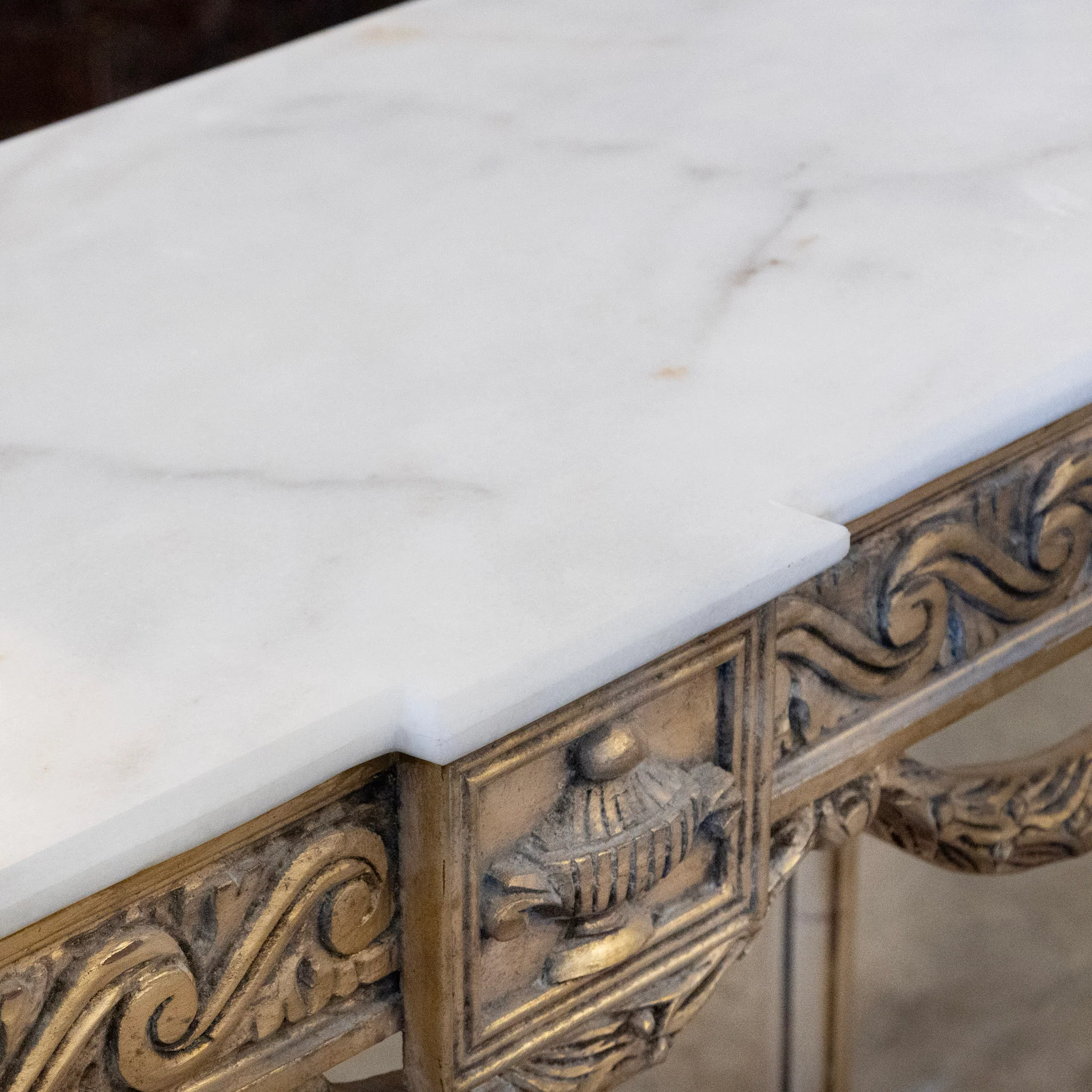 Louis XVI Console Table – Gilded Carvings with Urn Medallion and White Marble Top - Image 8