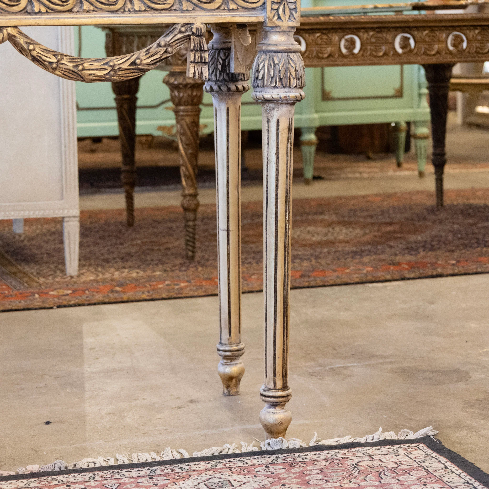 Louis XVI Console Table – Gilded Carvings with Urn Medallion and White Marble Top - Image 9