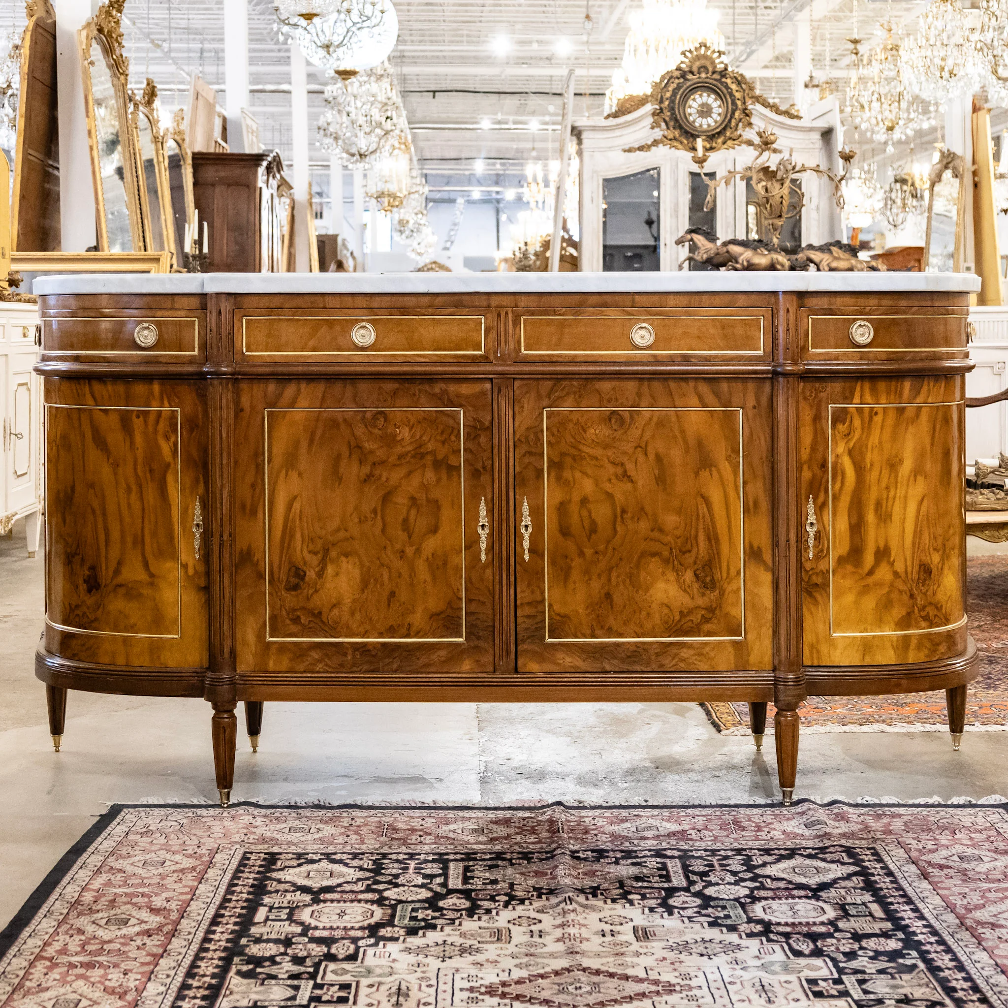 Louis XVI Dark Burl Wood Demilune Sideboard With White Marble Top